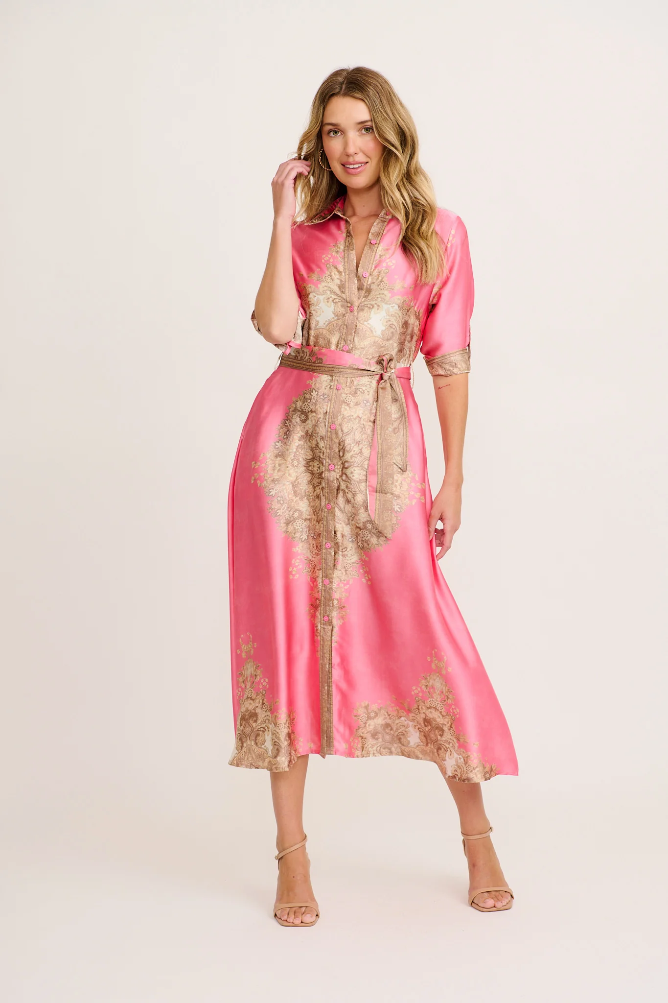 Ellen Midi Shirt Dress in Pink with Multi Placement Satin - Image 5