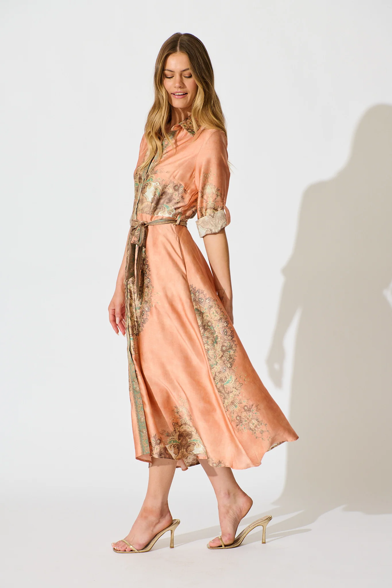 Ellen Midi Shirt Dress in Terracotta  with Multi Placement Satin - Image 3