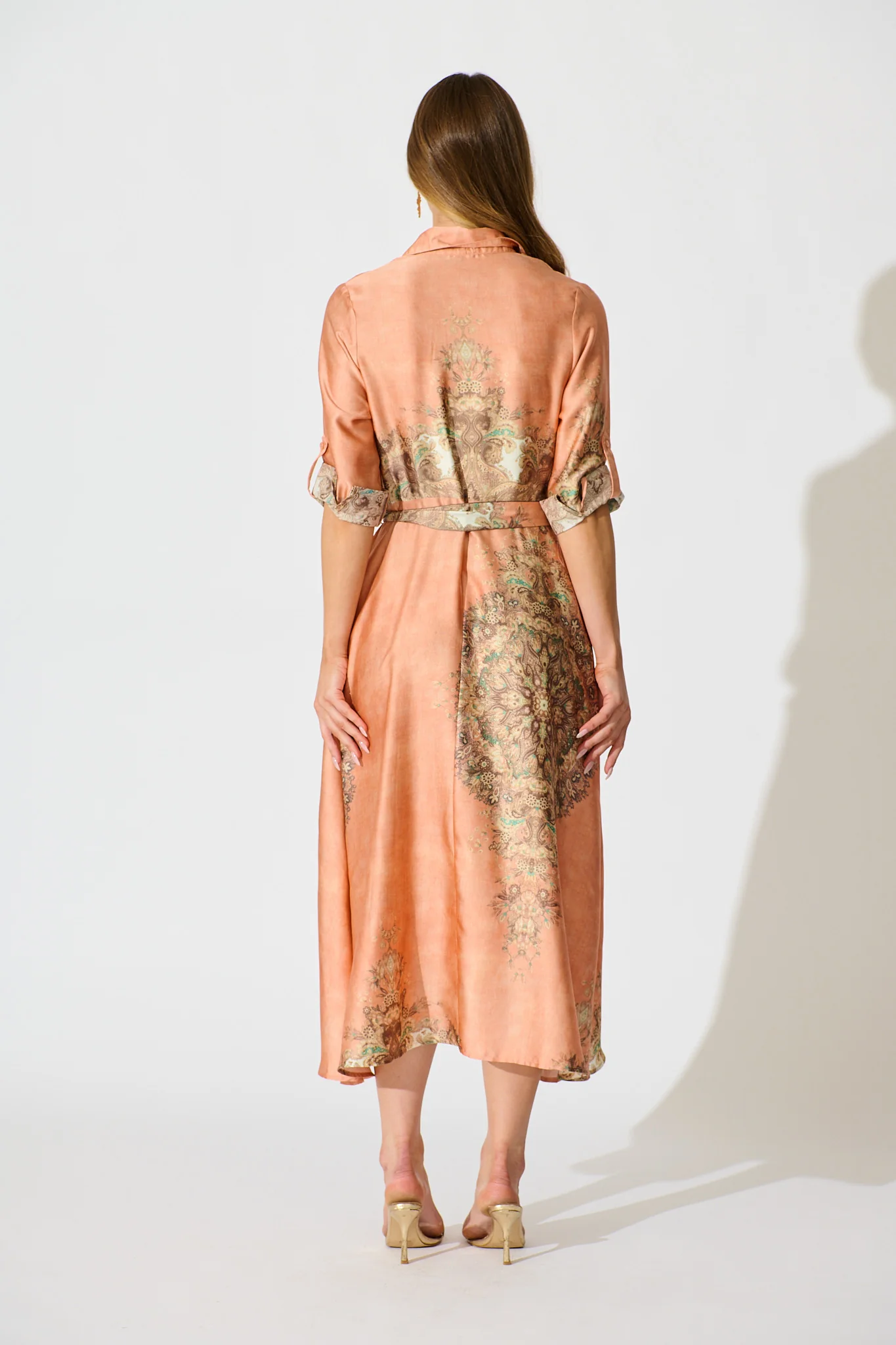 Ellen Midi Shirt Dress in Terracotta  with Multi Placement Satin - Image 4