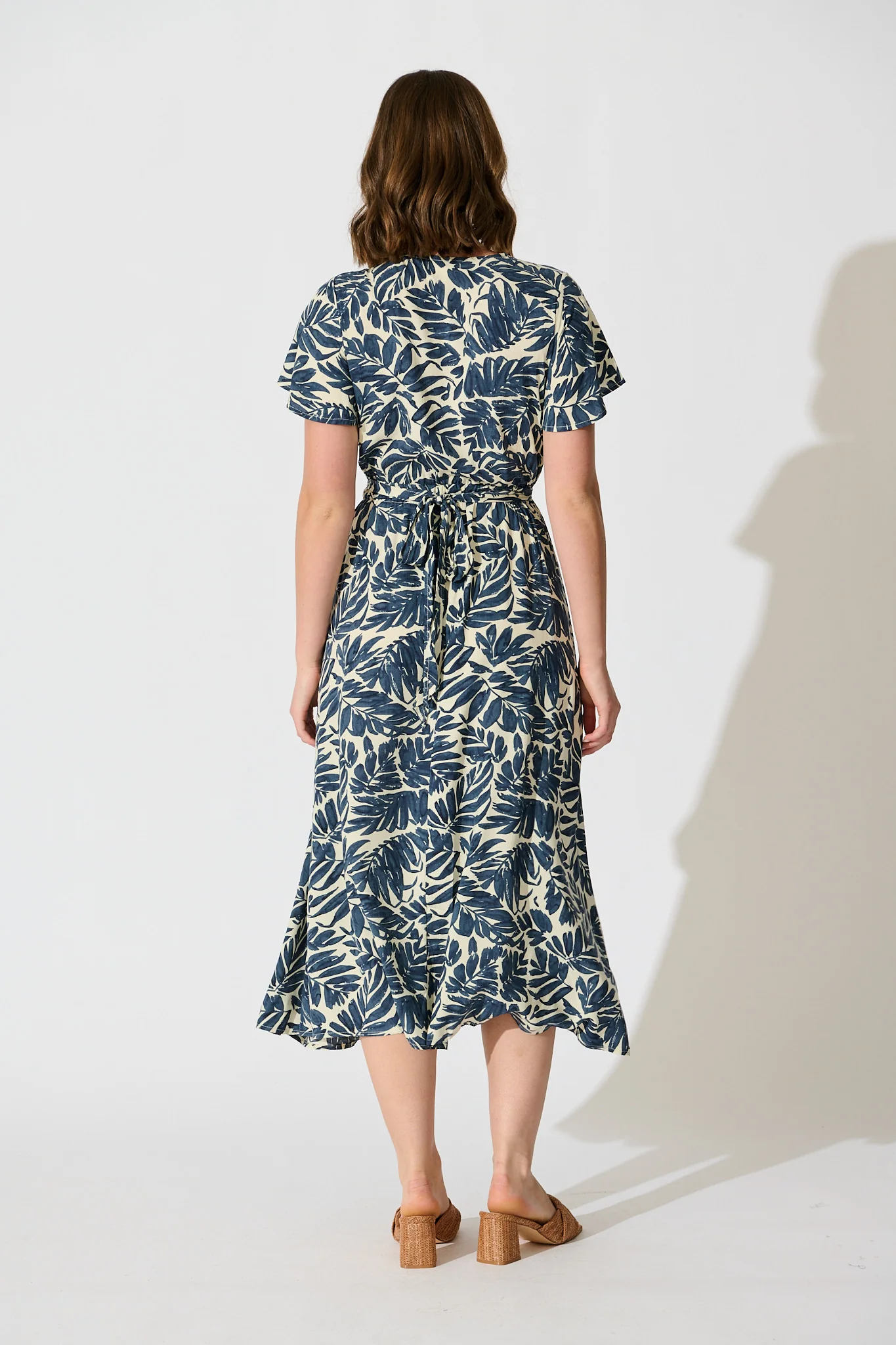 Ellerie Midi Dress in Navy and Cream Leaf Print - Image 4