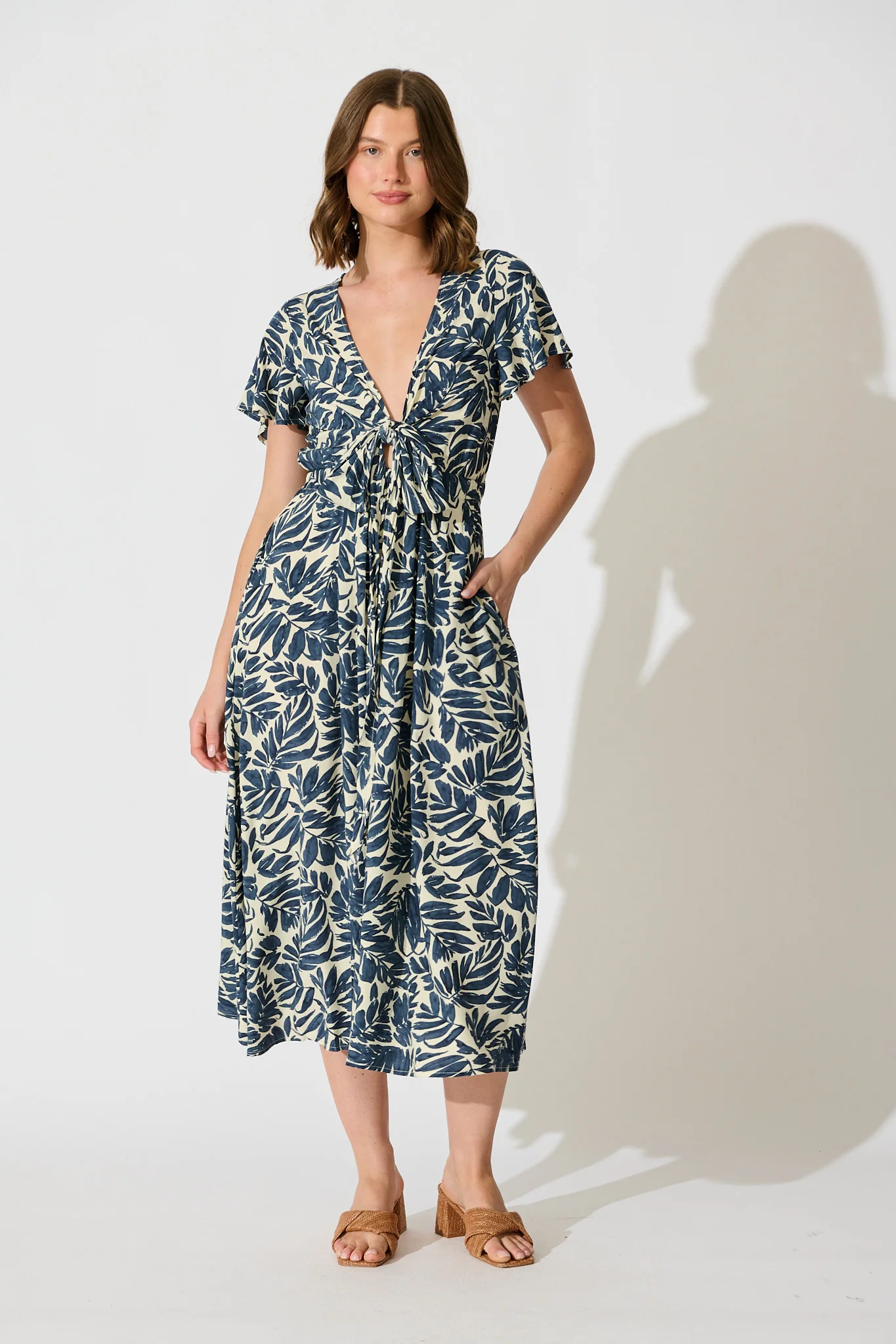Ellerie Midi Dress in Navy and Cream Leaf Print - Image 5