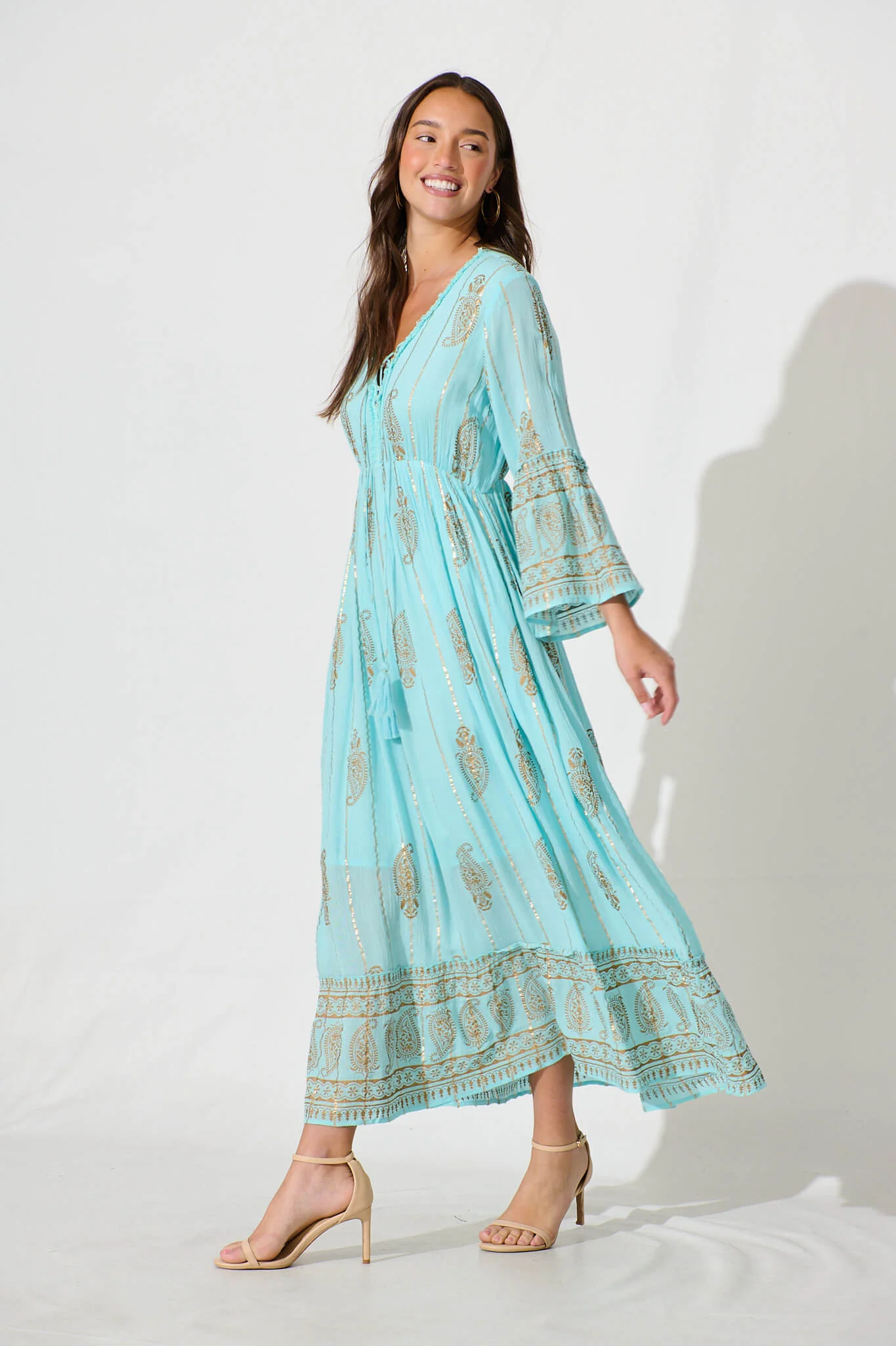 Ellie Maxi Dress in Aqua Blue with Gold Print - Image 3