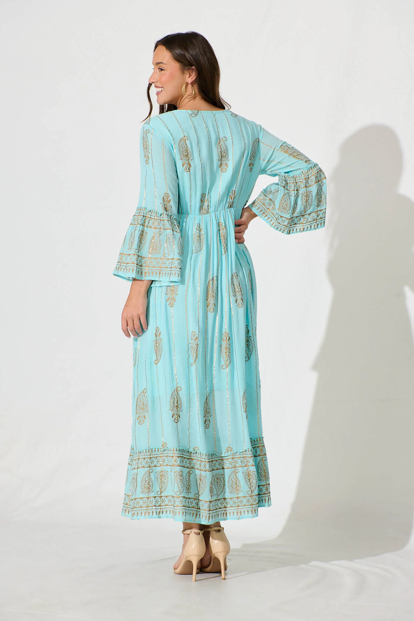 Ellie Maxi Dress in Aqua Blue with Gold Print - Image 4