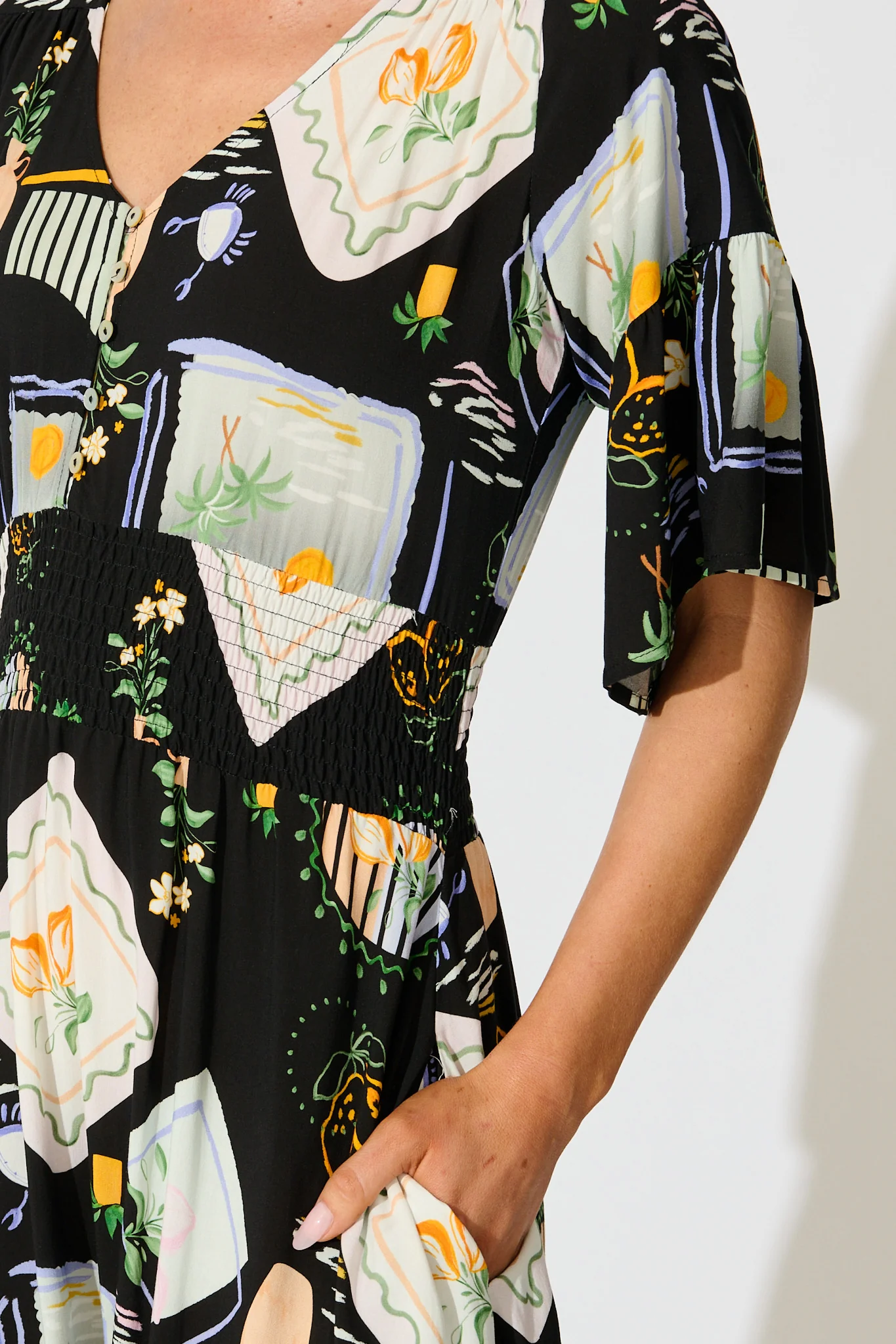 Eloa Midi Dress in Black with Multi Print - Image 5