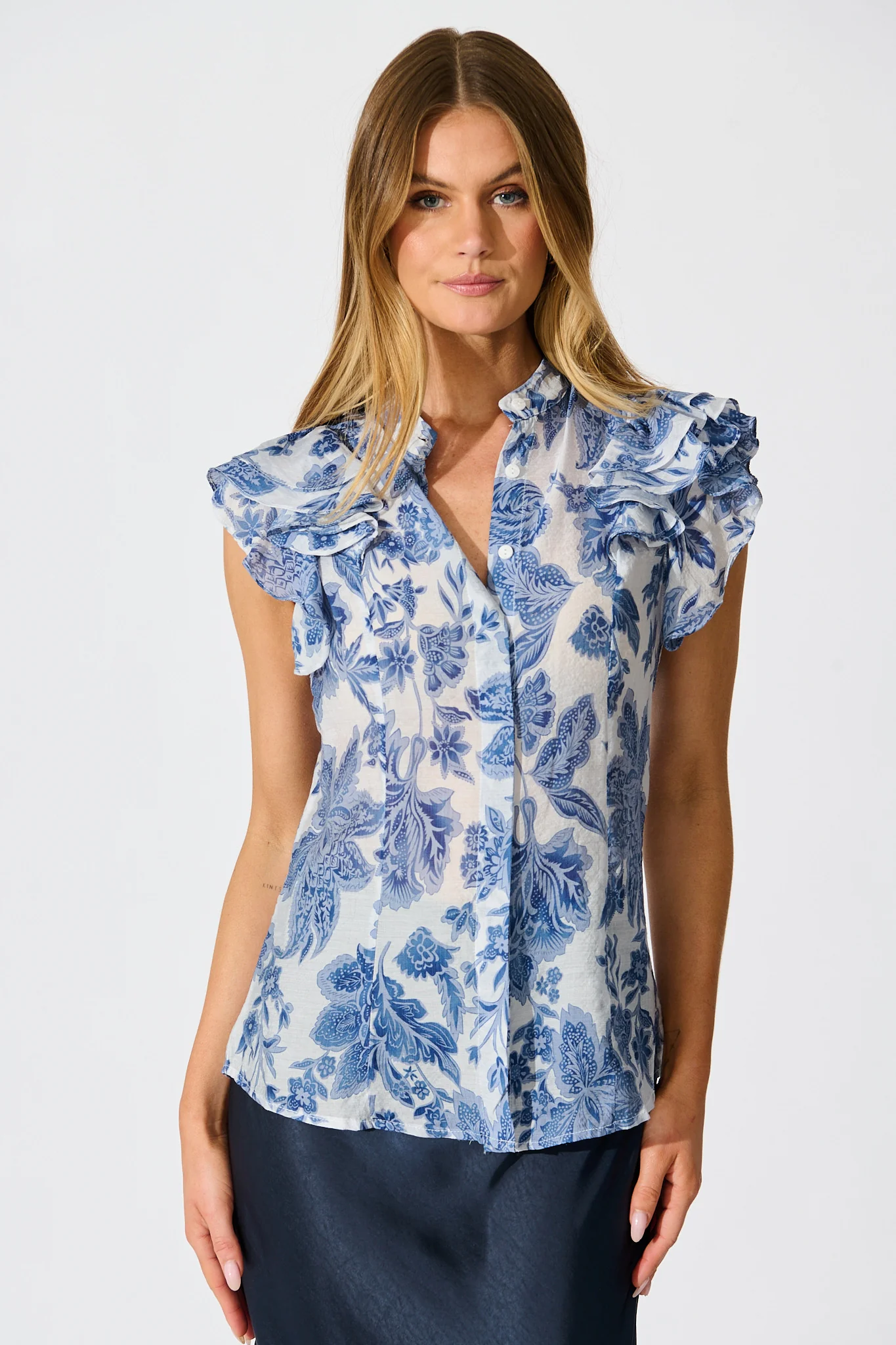 Elodie Top in Blue Leaf Print