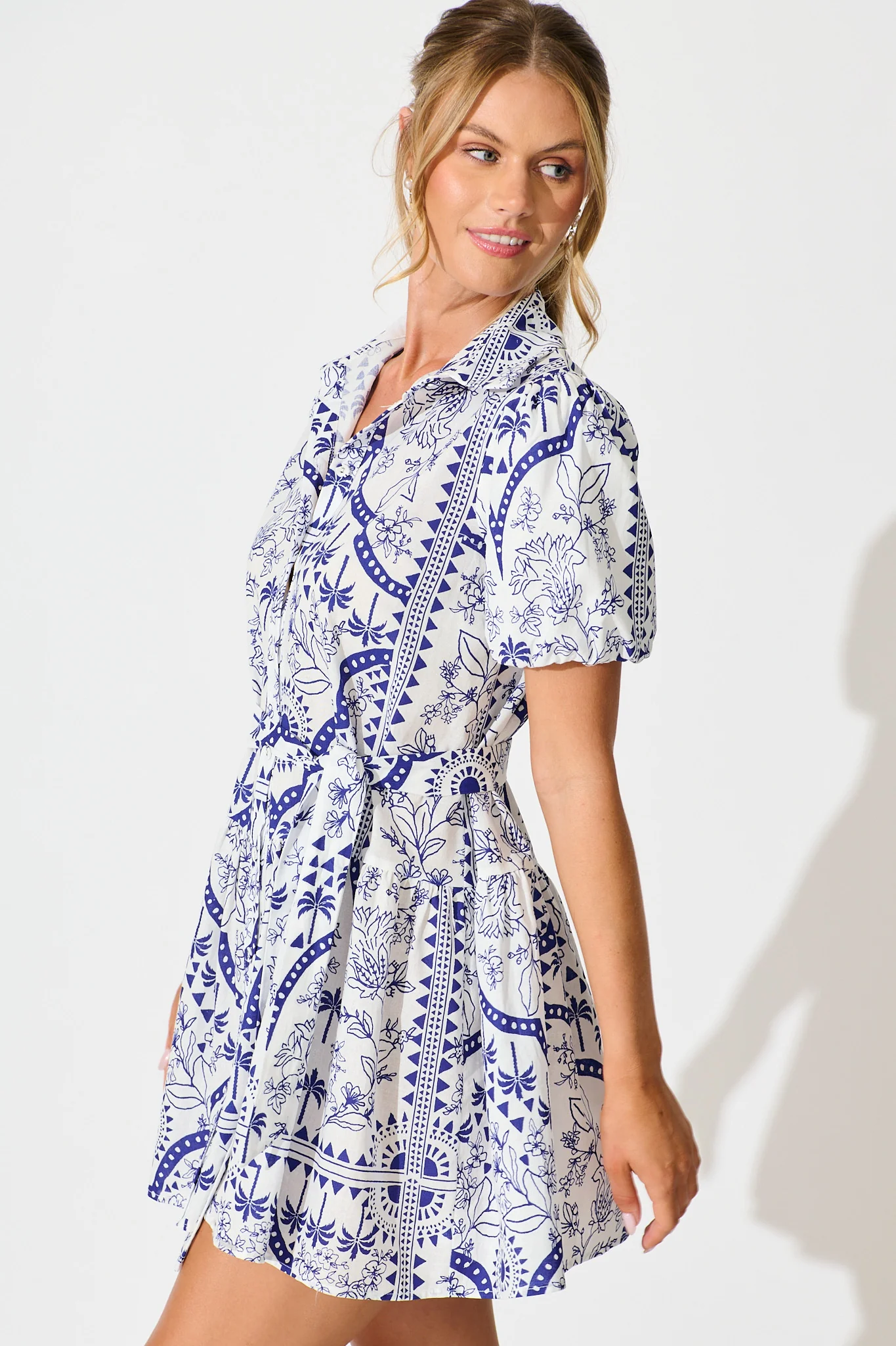 Eloise Shirt Dress in White and Blue Cotton Linen - Image 3