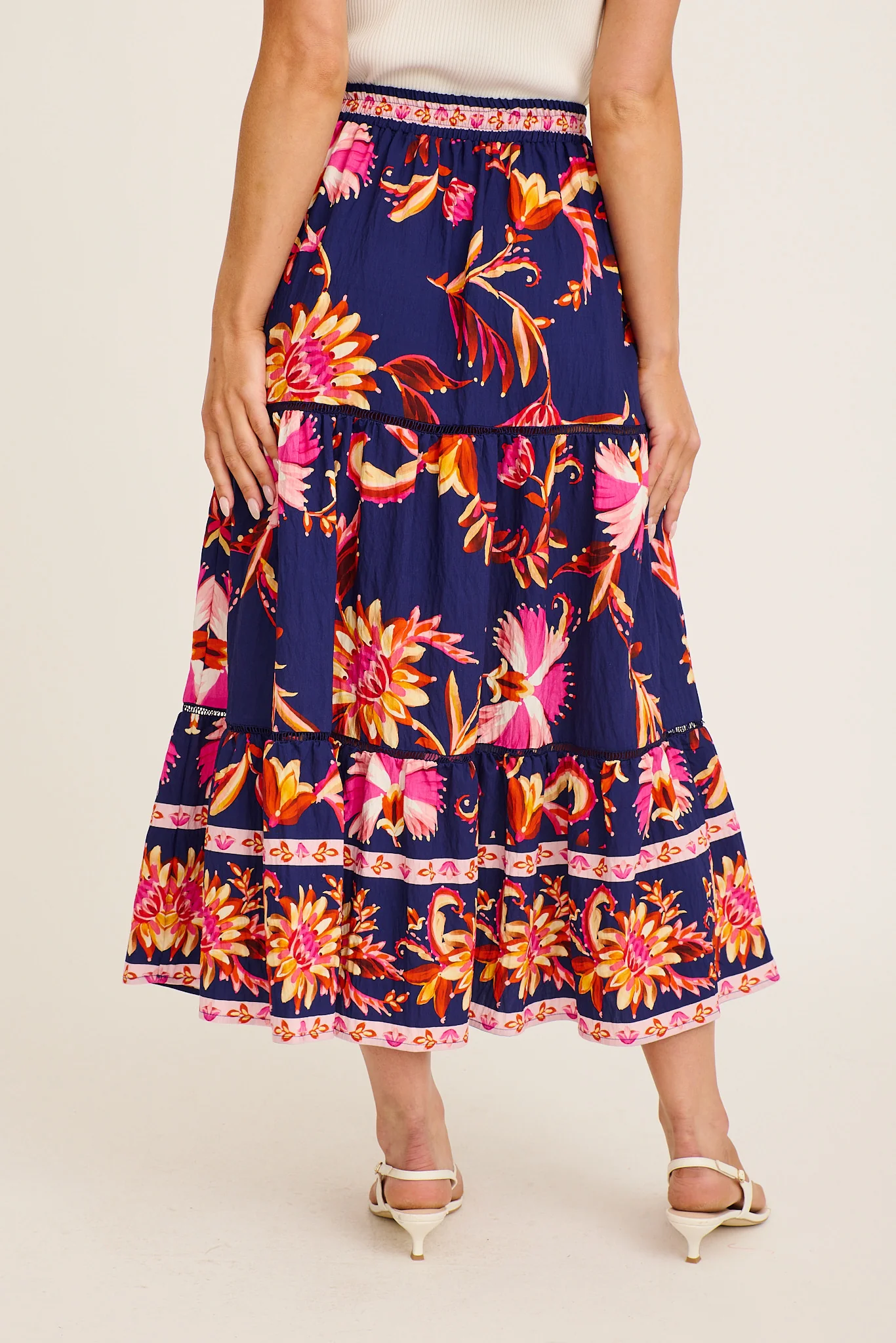 Elris Maxi Skirt in Navy with Pink Floral Linen Blend - Image 3
