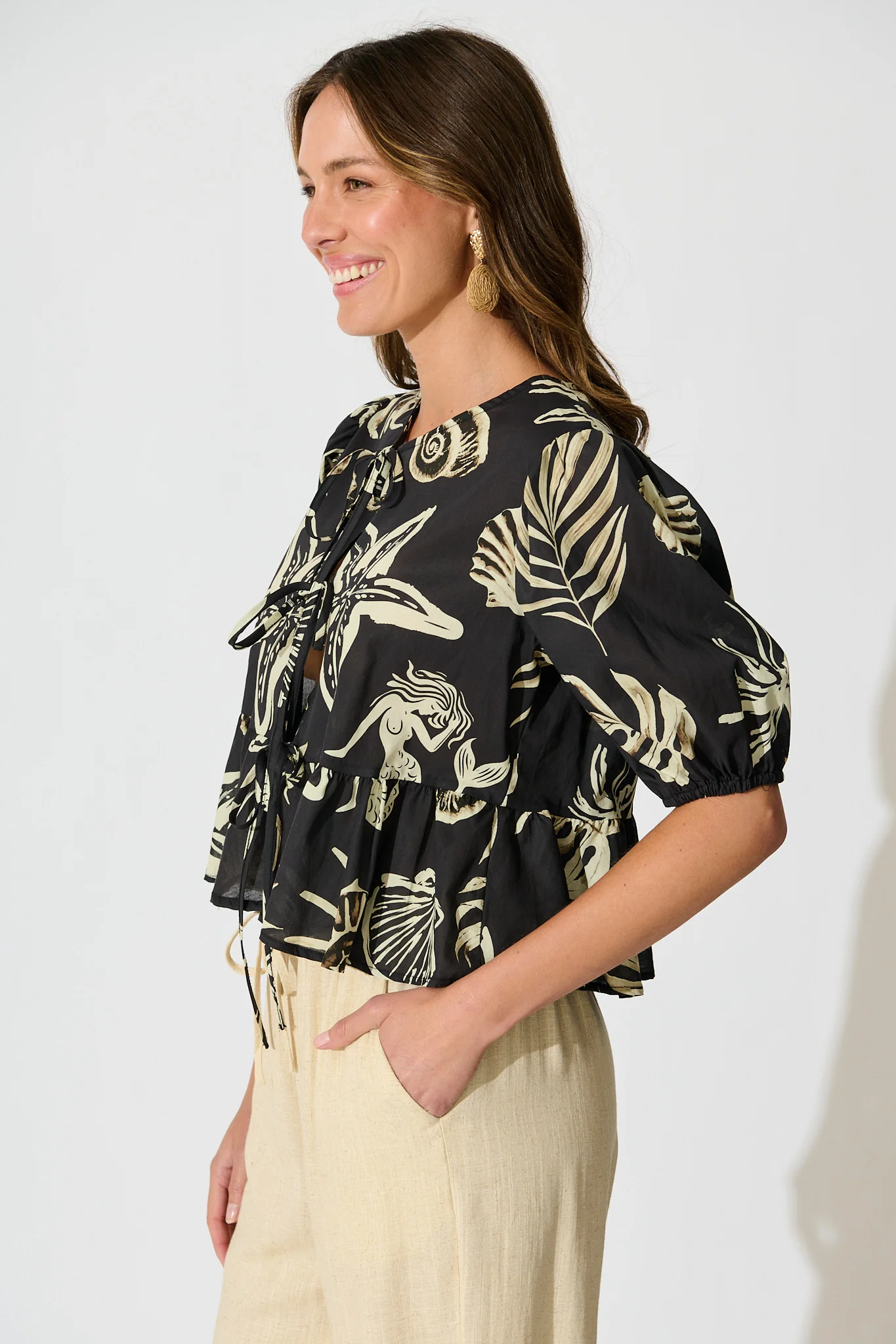 Elsbeth Tie Front Top Black and White Sea Shell Cotton - Image 2