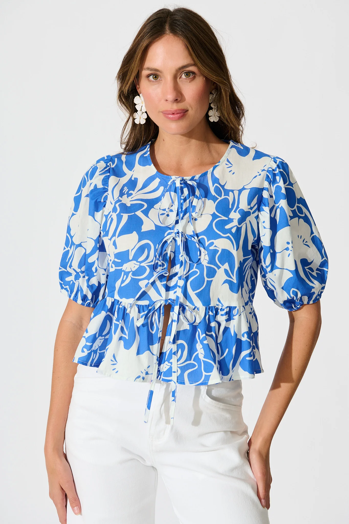 Elsbeth Tie Front Top in Blue and White Floral Cotton