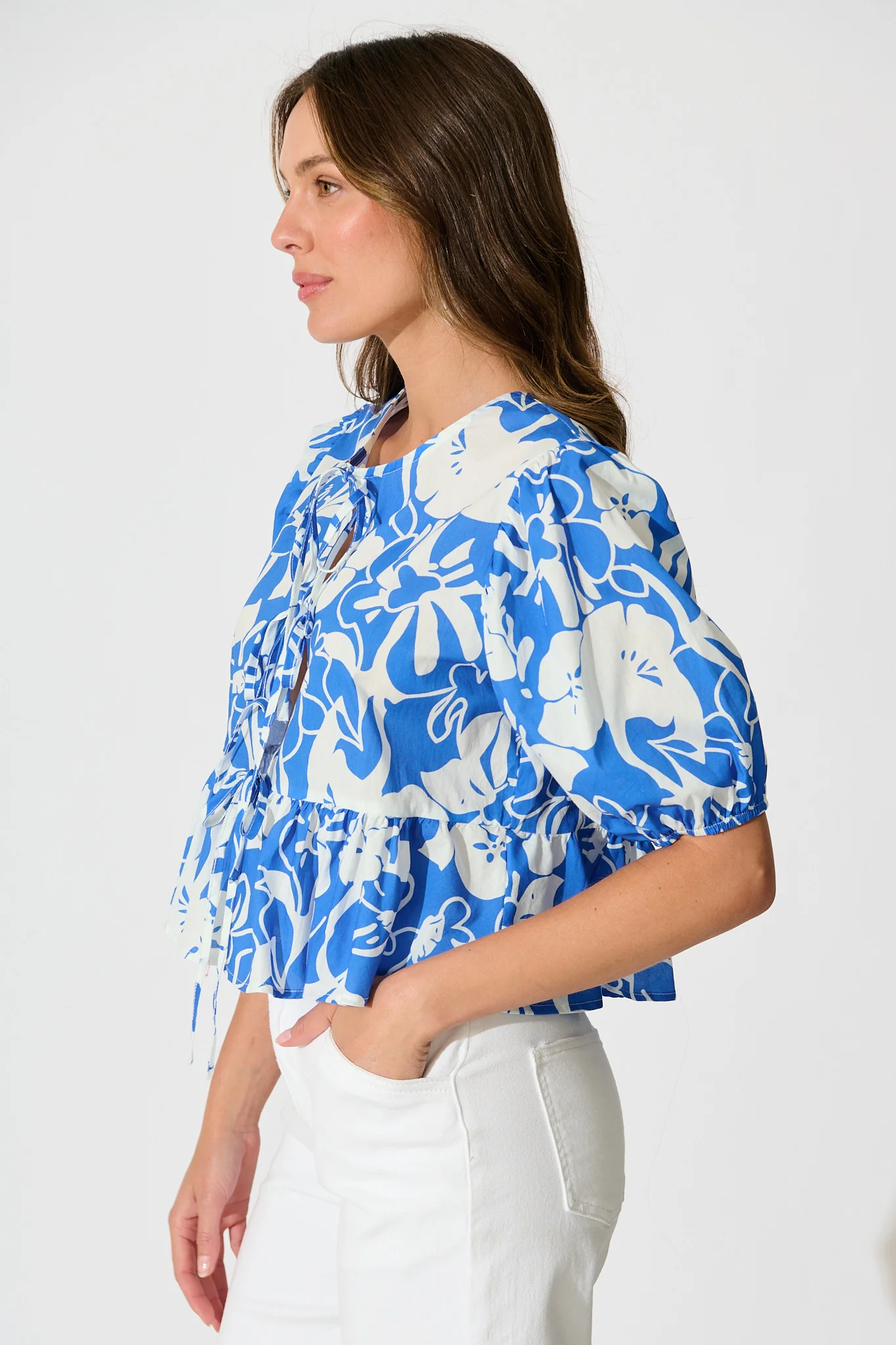 Elsbeth Tie Front Top in Blue and White Floral Cotton - Image 2