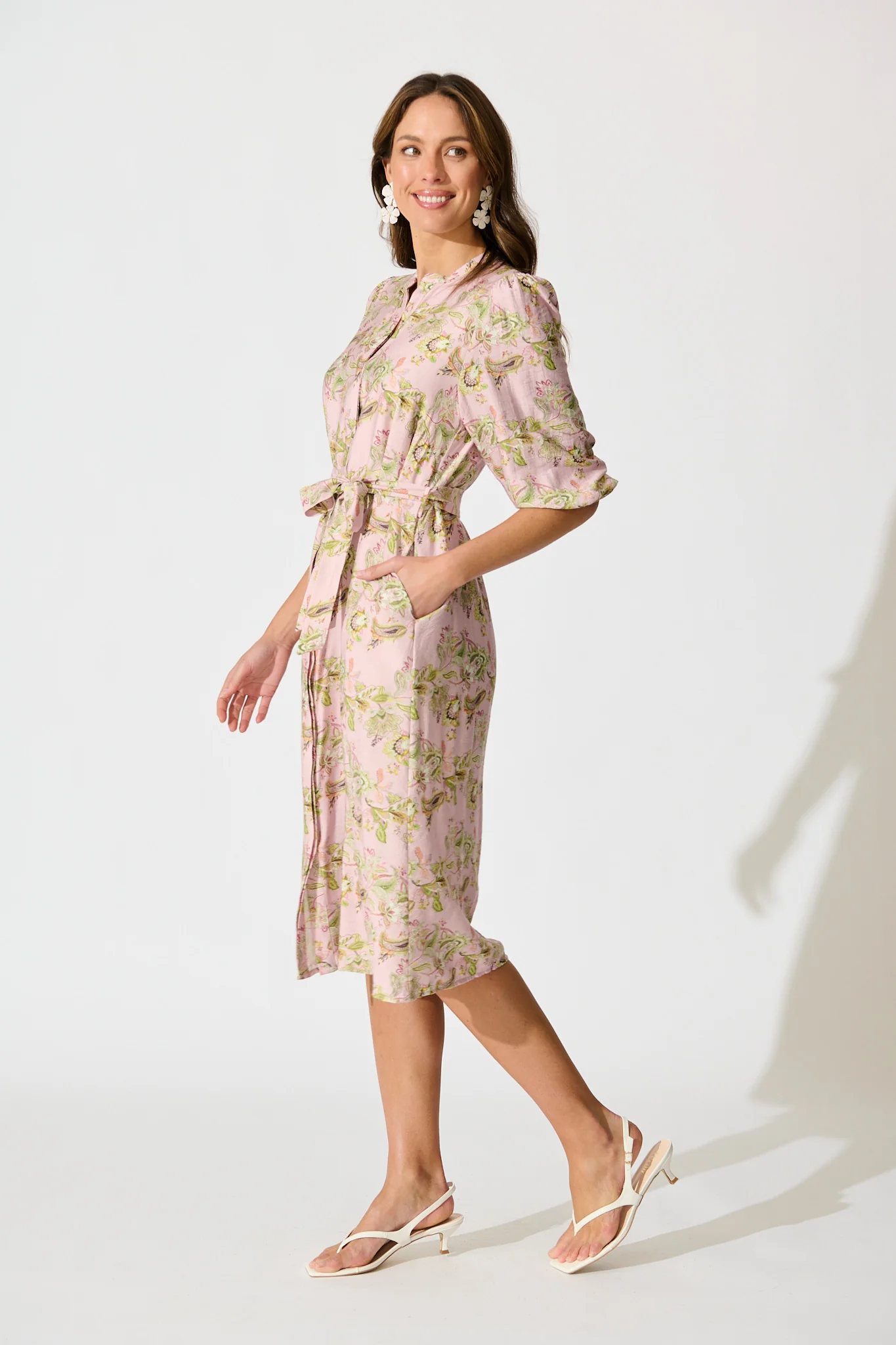 Emari Midi Dress in Blush with Green Print - Image 3