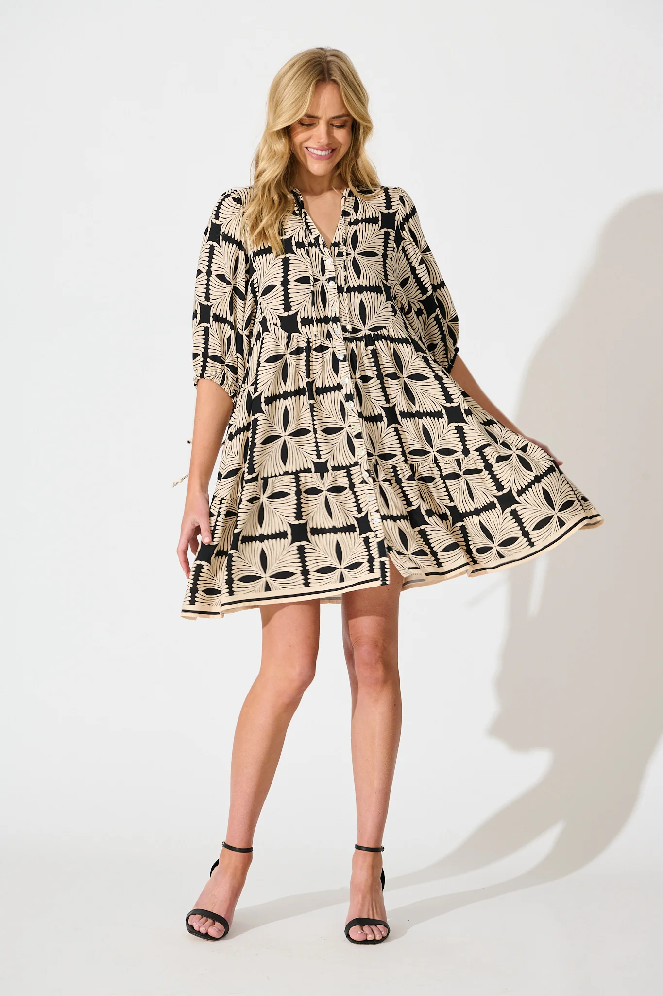 Emelyn Smock Dress in Cream with Black Tile Print