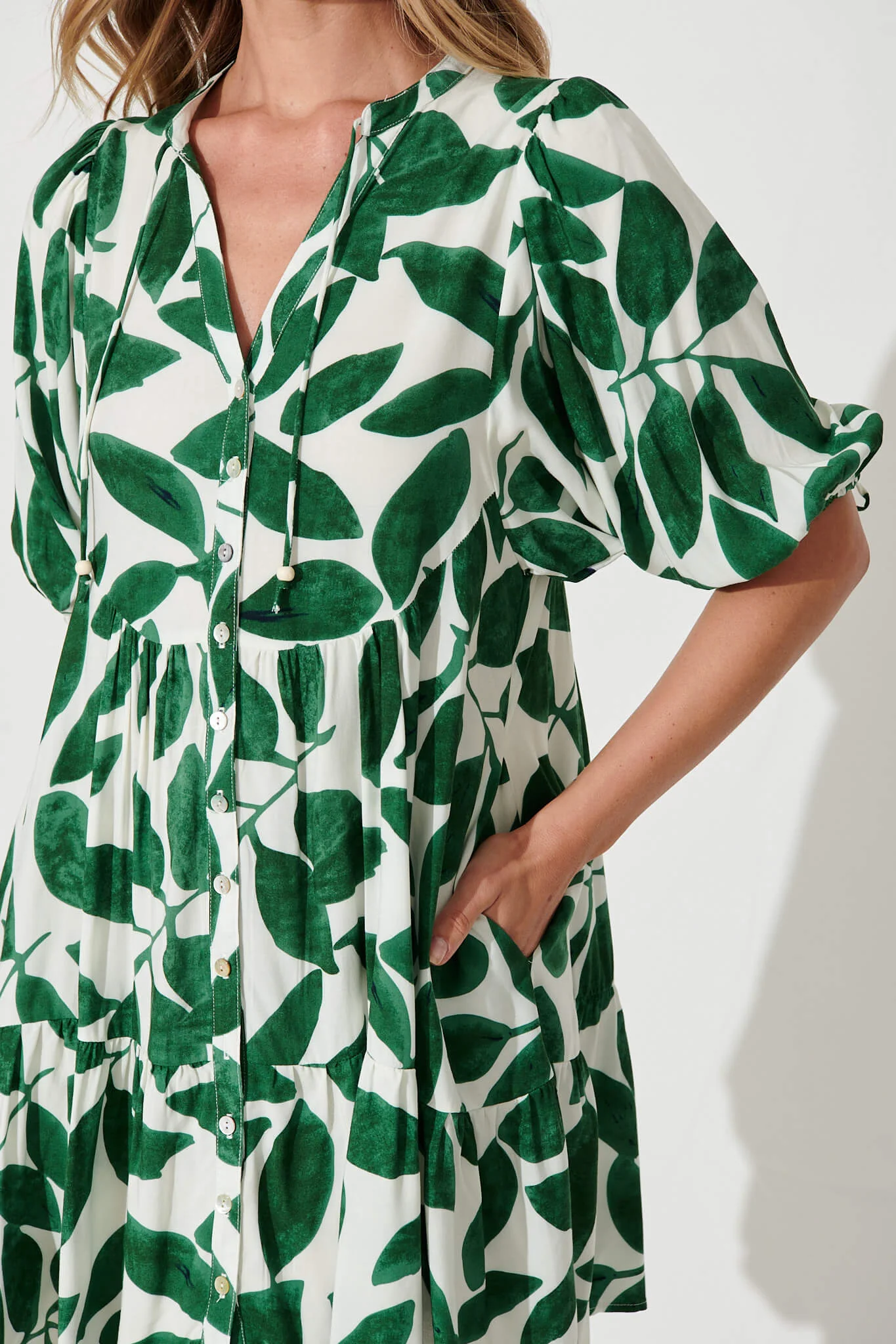 Emelyn Smock Dress In Cream With Green Leaf Print - Image 5