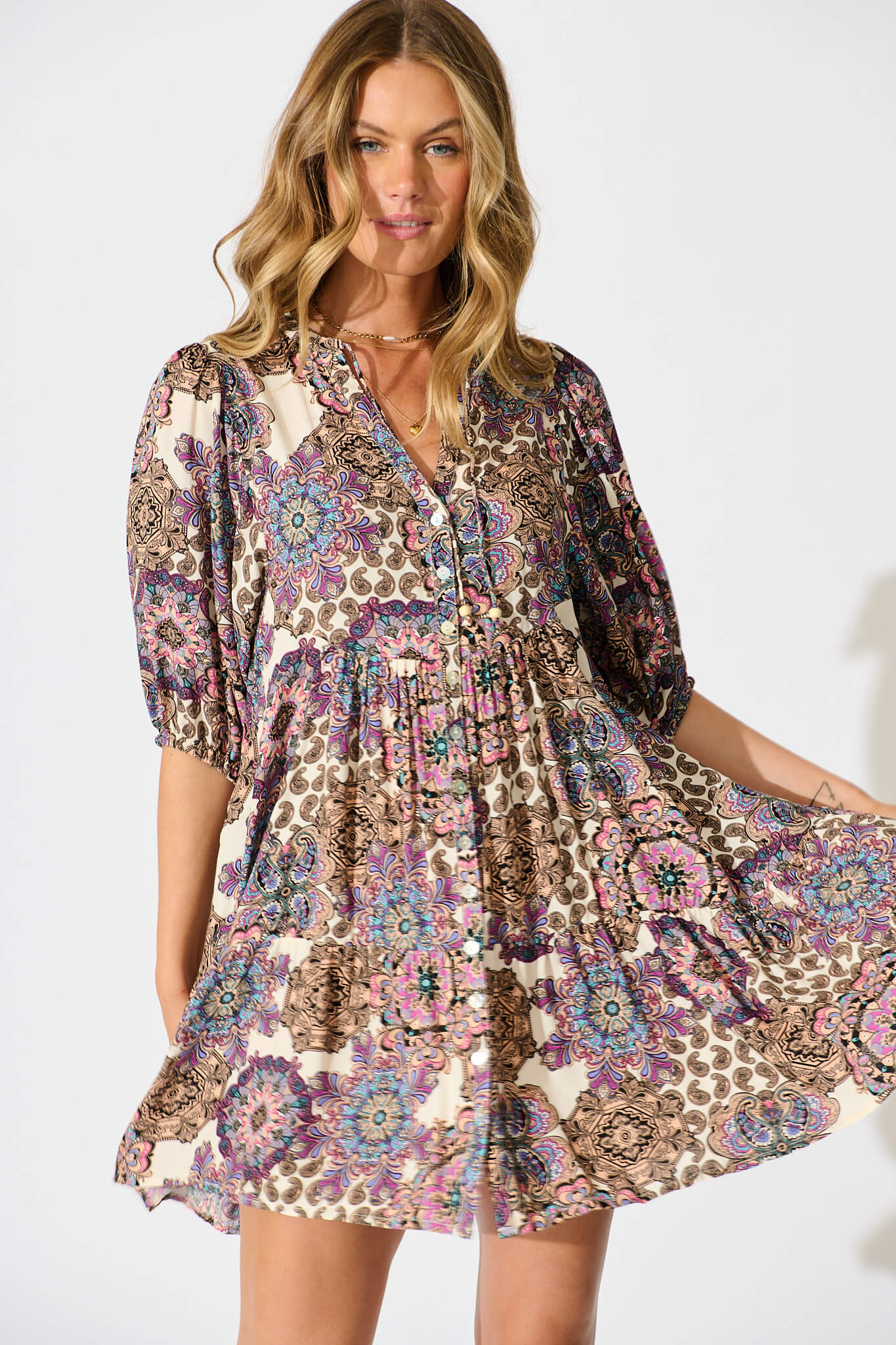Emelyn Smock Dress In Cream With Purple Paisley - Image 2