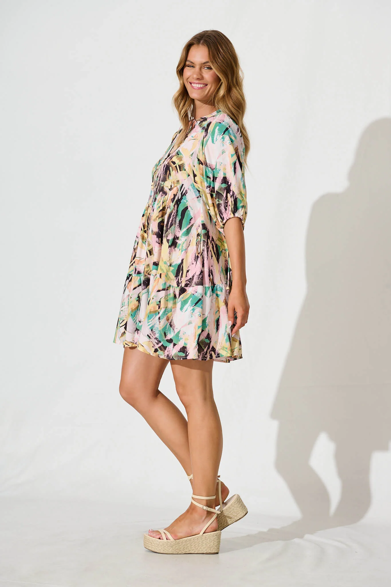 Emelyn Smock Dress In Multi Brushstroke Print - Image 3