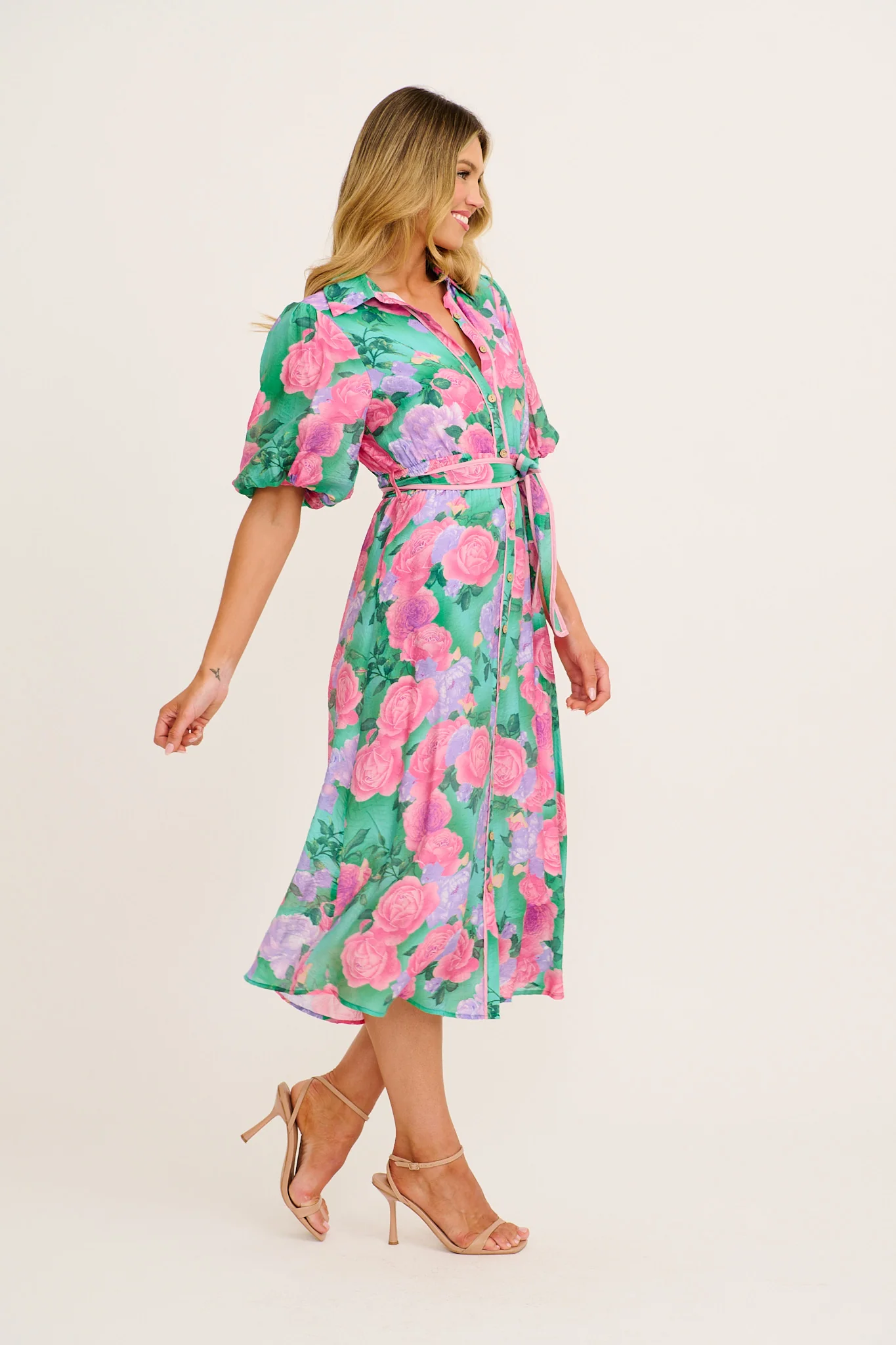 Enchanted Hour Midi Shirt Dress in Green Multi Floral Cotton Blend - Image 3