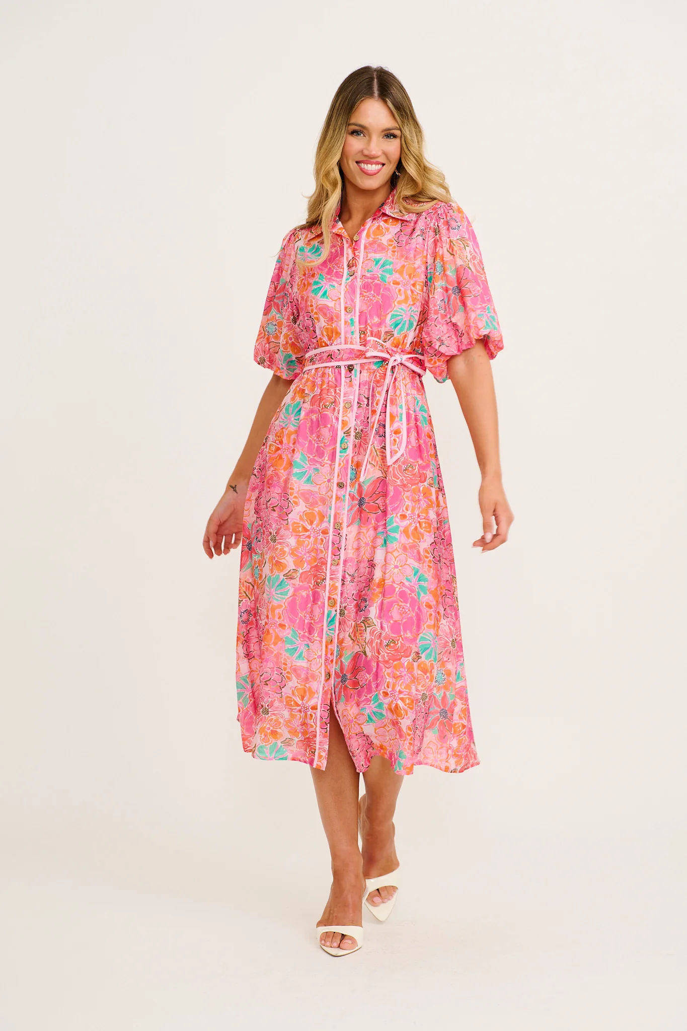 Enchanted Hour Midi Shirt Dress in Pink Floral Cotton Blend