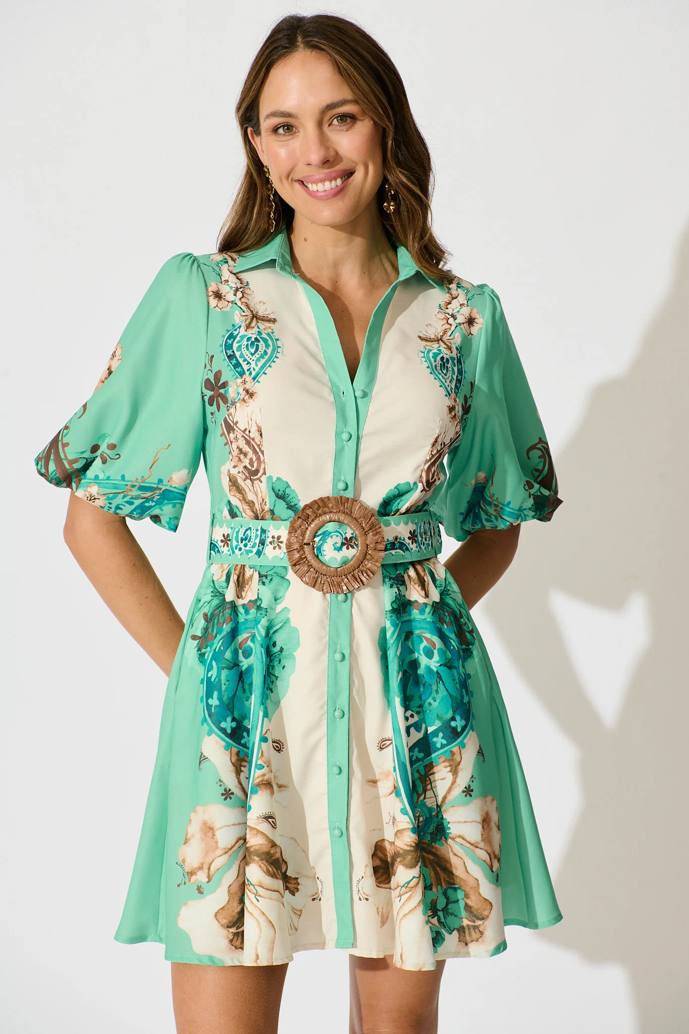 Enchanted Oasis Dress in Cream with Jade Print Linen Blend - Image 2