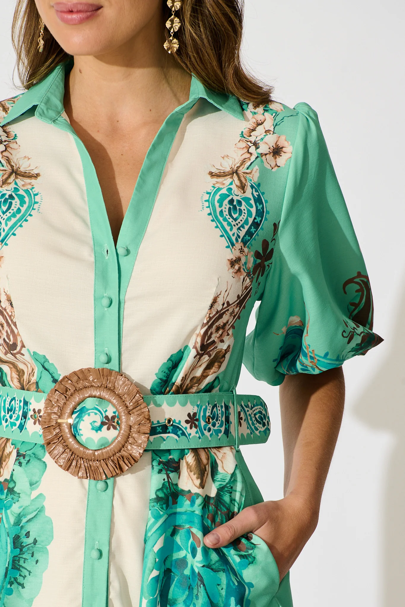Enchanted Oasis Dress in Cream with Jade Print Linen Blend - Image 5