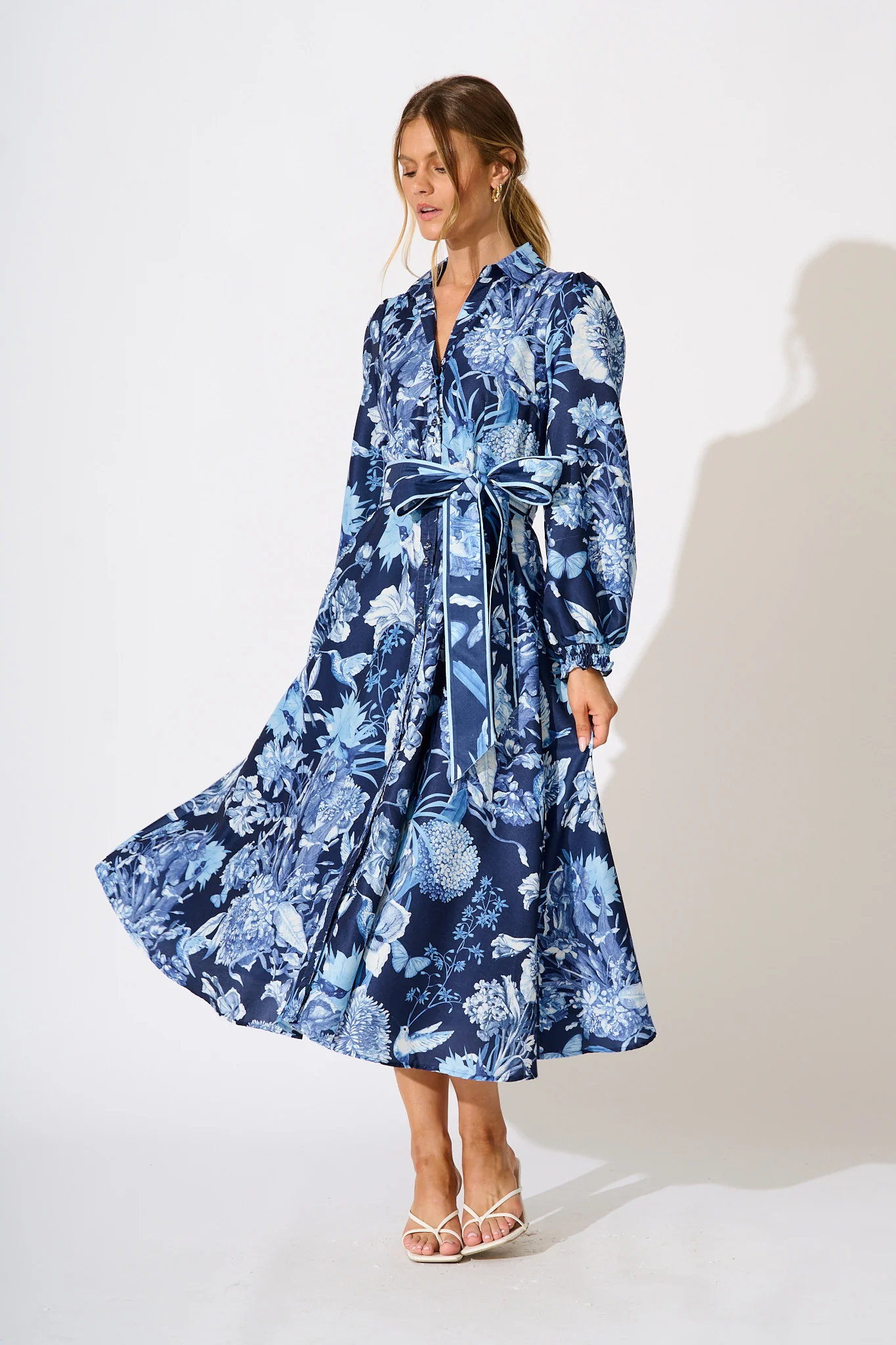 Enchanted Wave Maxi Shirt Dress in Navy with Blue Floral Linen Blend - Image 2
