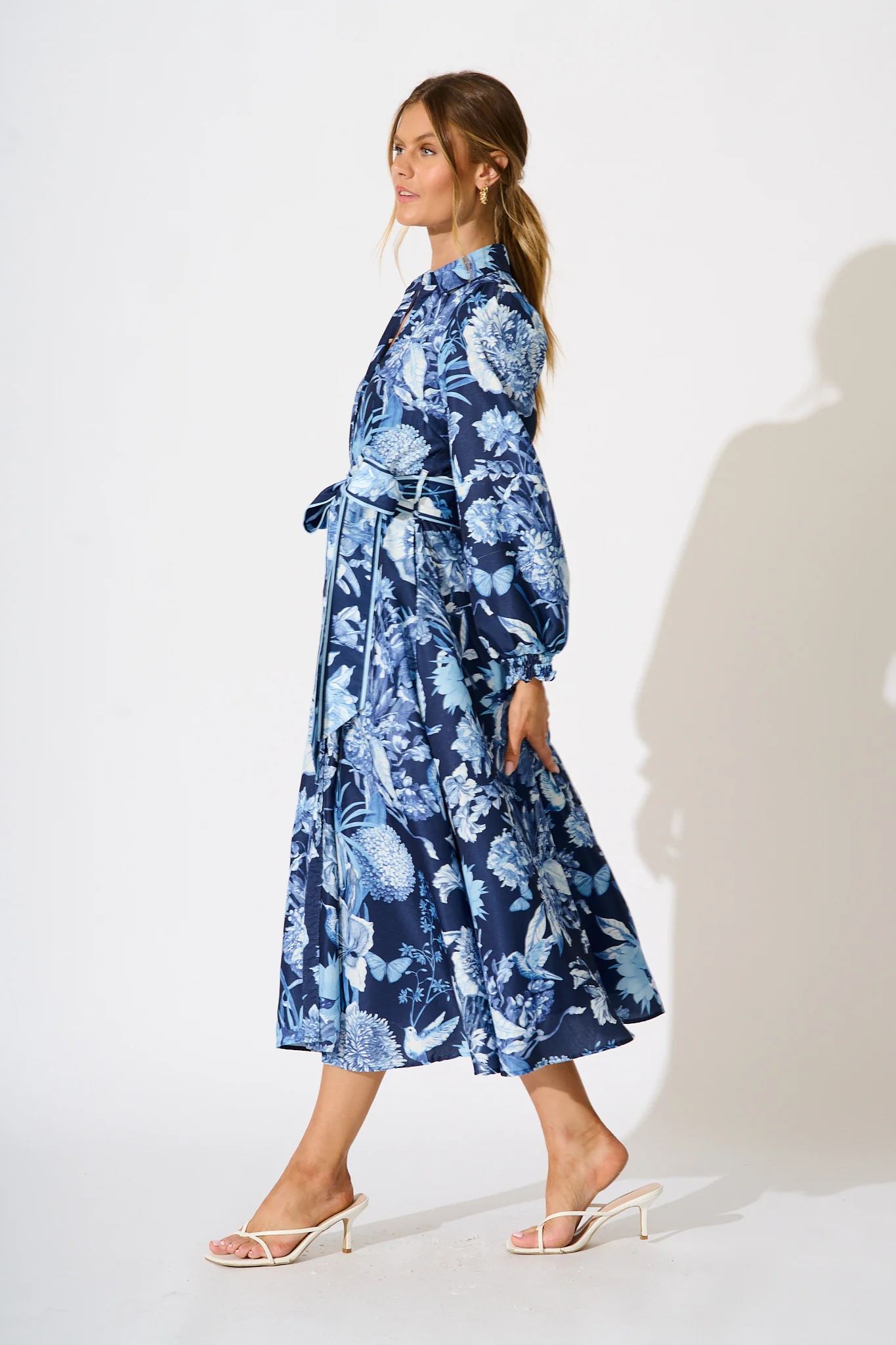 Enchanted Wave Maxi Shirt Dress in Navy with Blue Floral Linen Blend - Image 7
