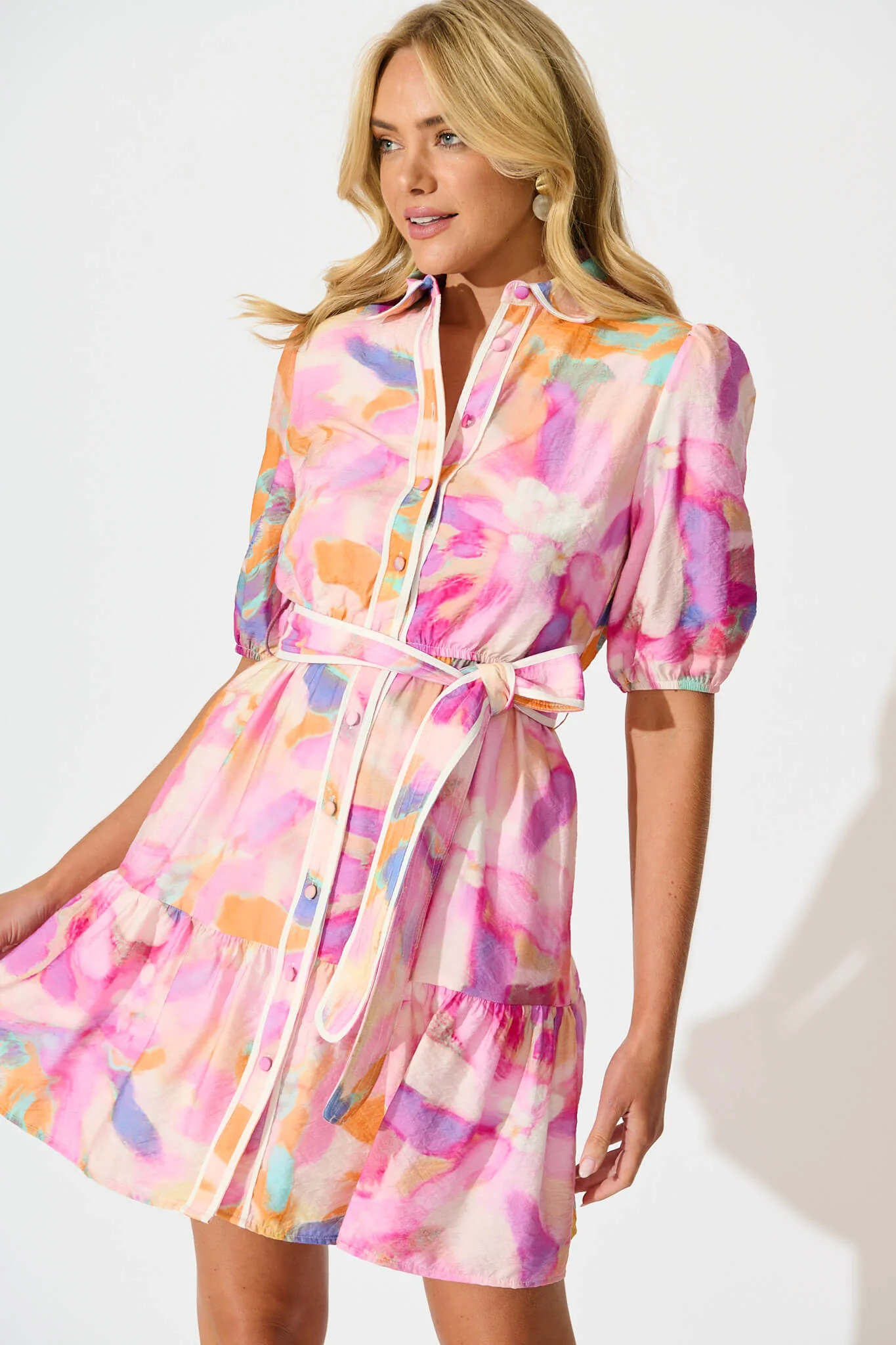Ennis Shirt Dress in Pink with Purple Watercolour - Image 2