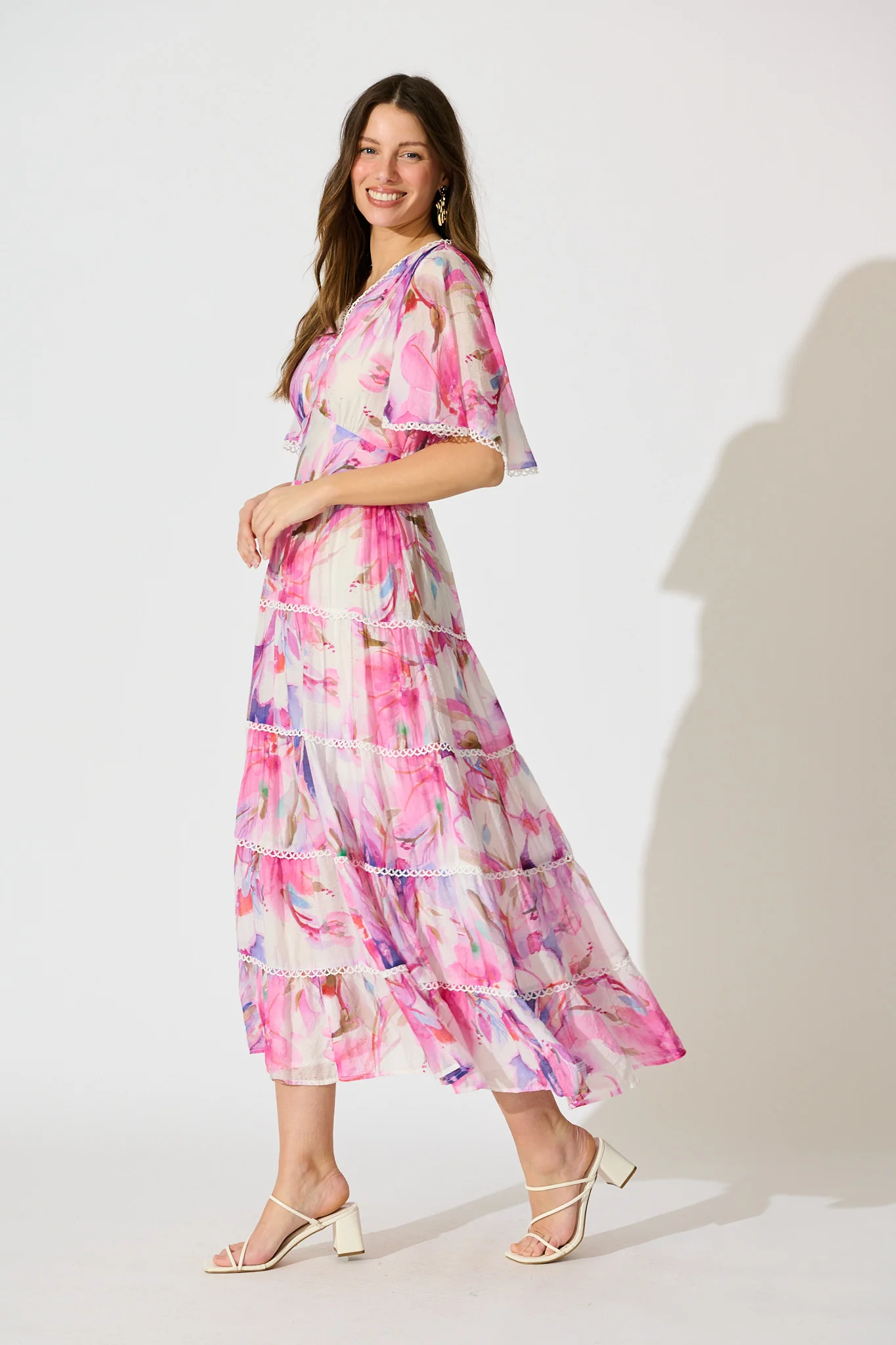Enrika Maxi Dress in White with Pink Watercolour - Image 3