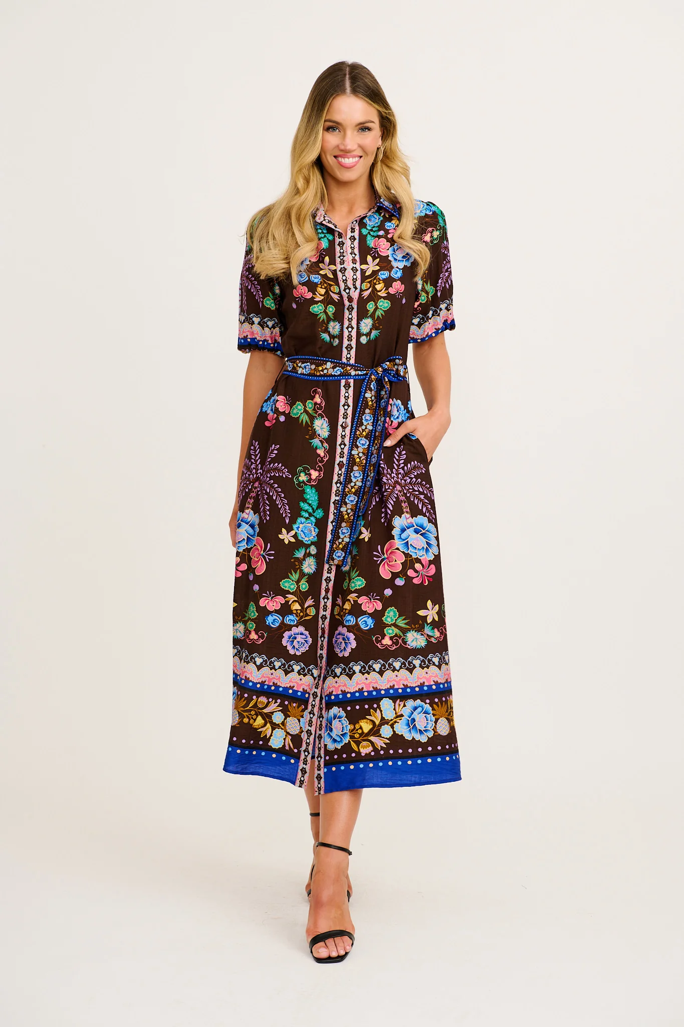 Enthusiast Maxi Shirt Dress in Chocolate Multi Floral Print Linen Blend