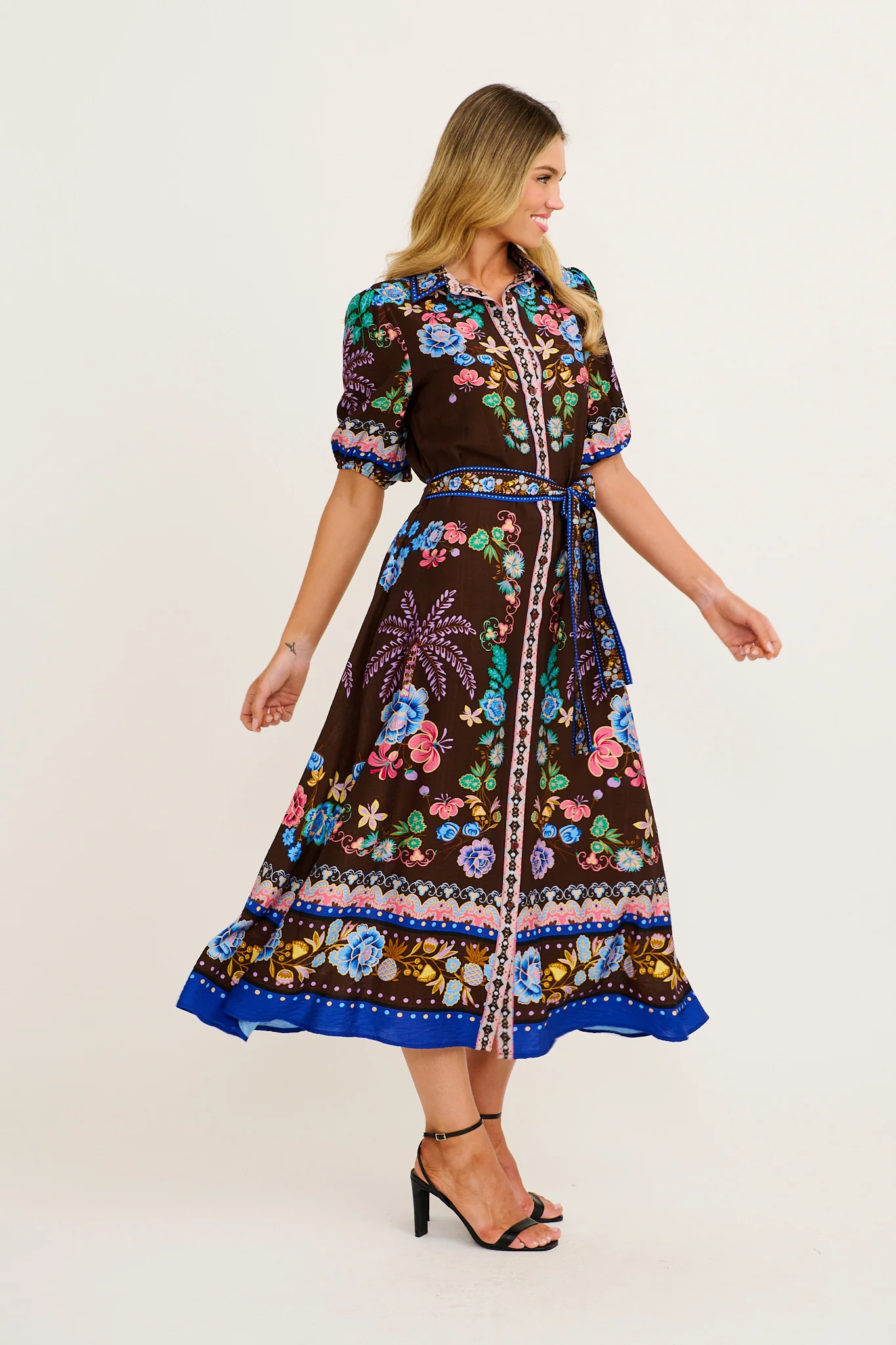 Enthusiast Maxi Shirt Dress in Chocolate Multi Floral Print Linen Blend - Image 3