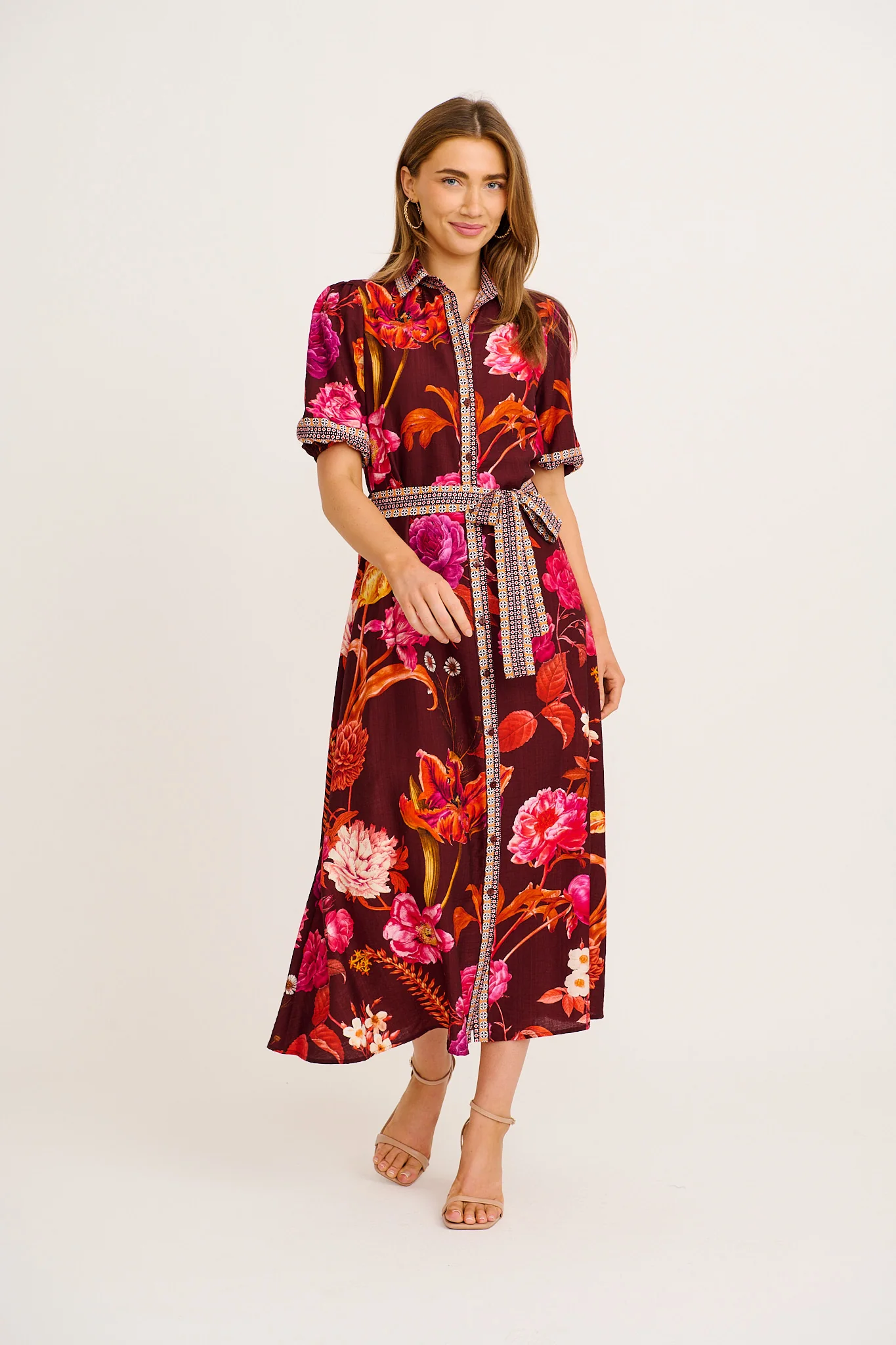 Enthusiast Maxi Shirt Dress in Wine Multi Floral Print Linen Blend