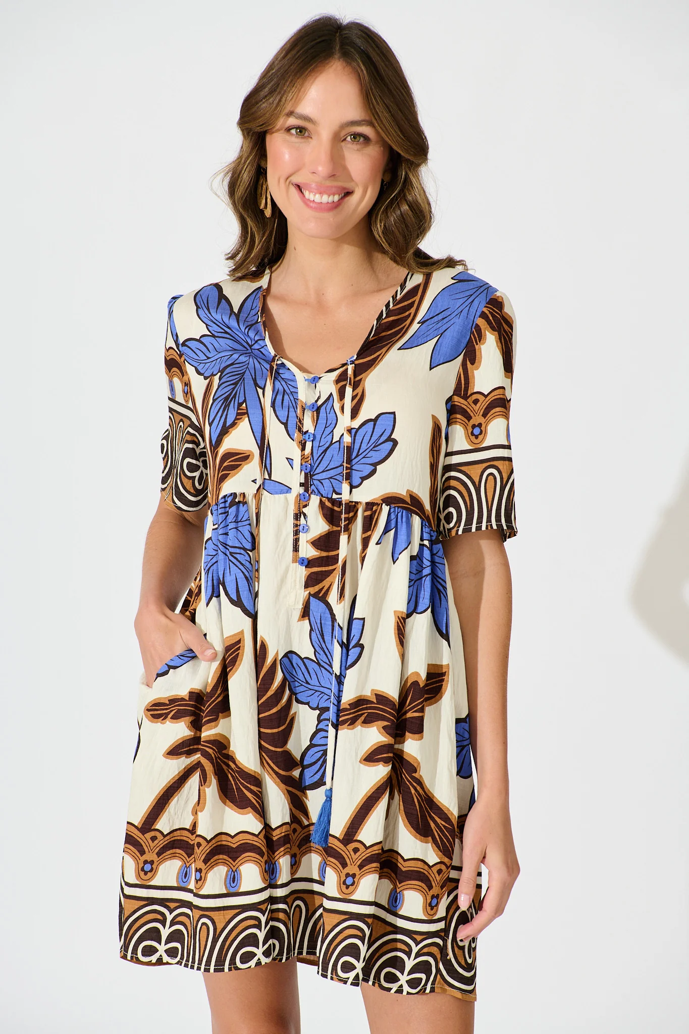 Essia Smock Dress in Blue with Brown Leaf Print Linen Blend - Image 4