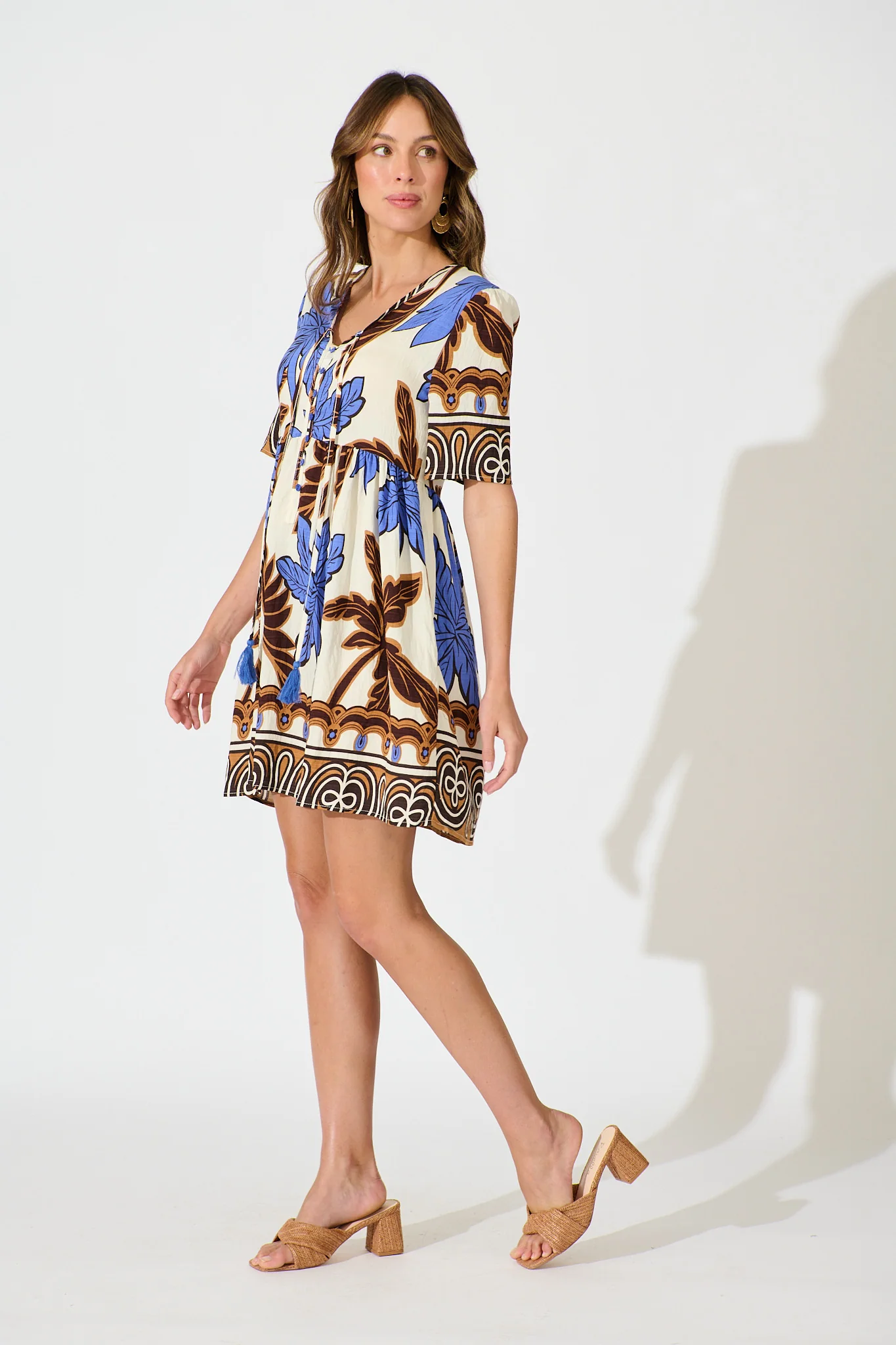 Essia Smock Dress in Blue with Brown Leaf Print Linen Blend - Image 5