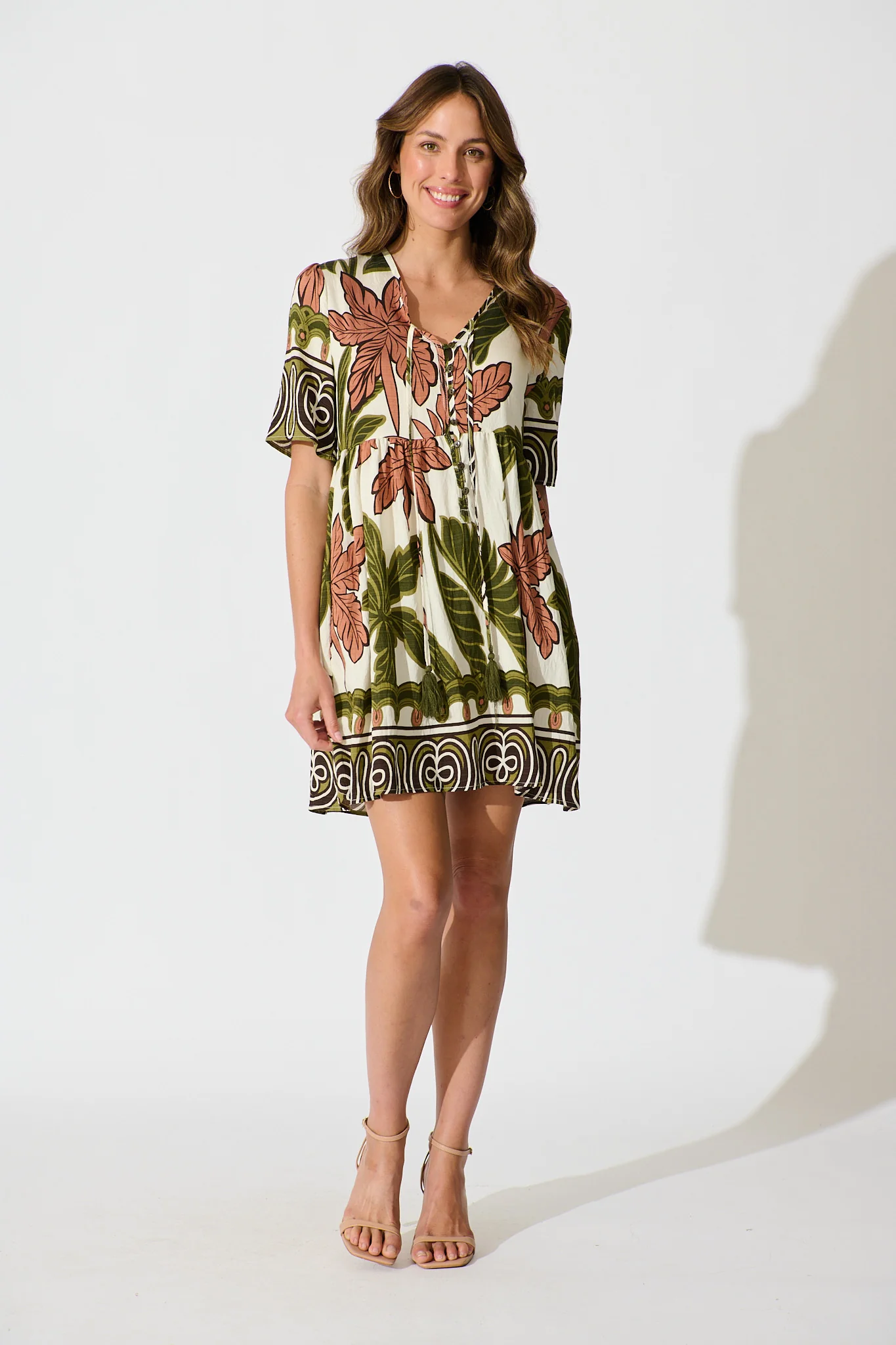 Essia Smock Dress in Green with Brown Leaf Print Linen Blend - Image 3