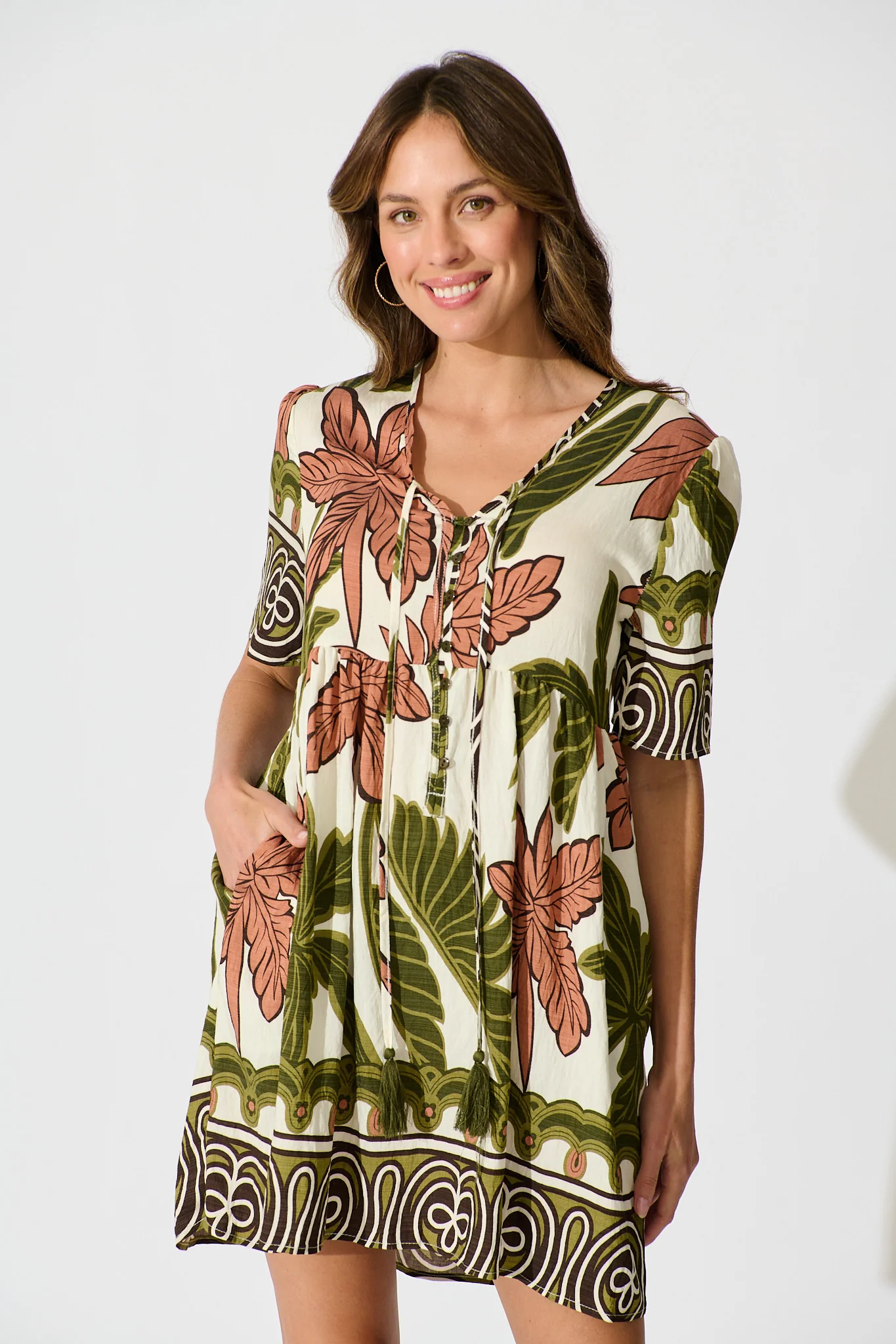 Essia Smock Dress in Green with Brown Leaf Print Linen Blend - Image 4