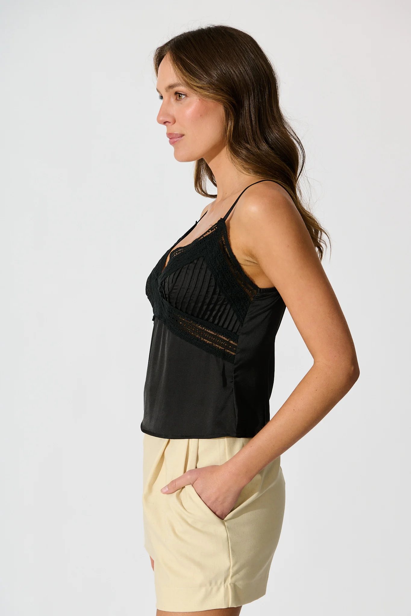 Esta Lace Cami Top in Black Satin - Image 2