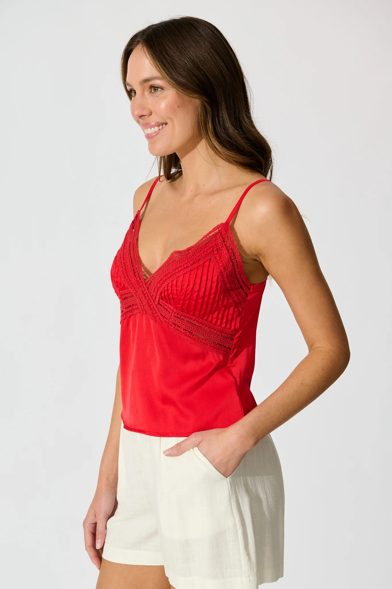 Esta Lace Cami Top in Red Satin - Image 2