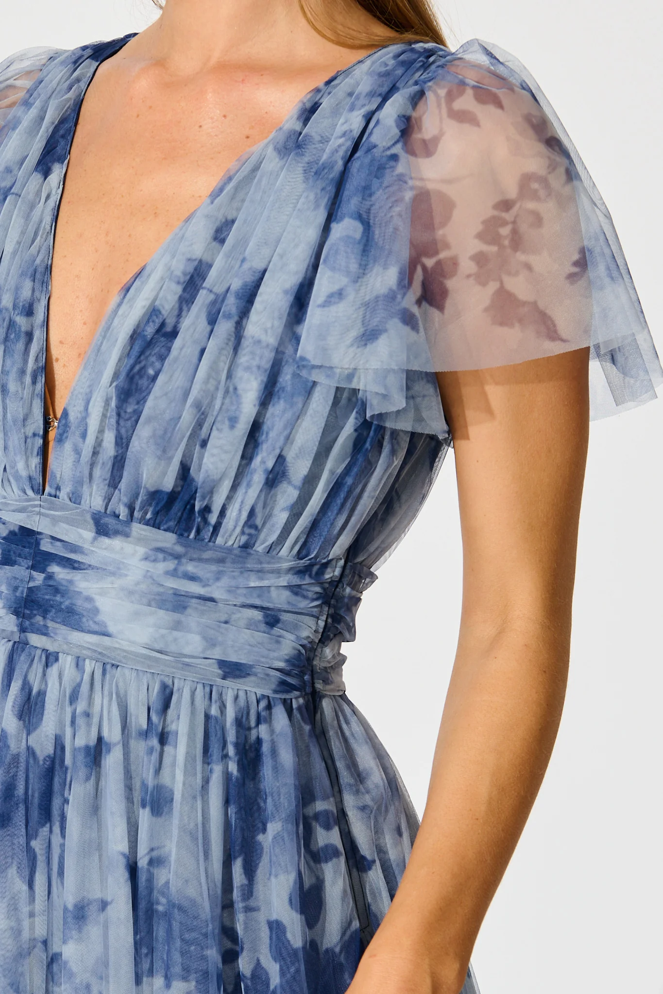 Ethereal Sky Midi Dress in Blue with Navy Floral Tulle - Image 10