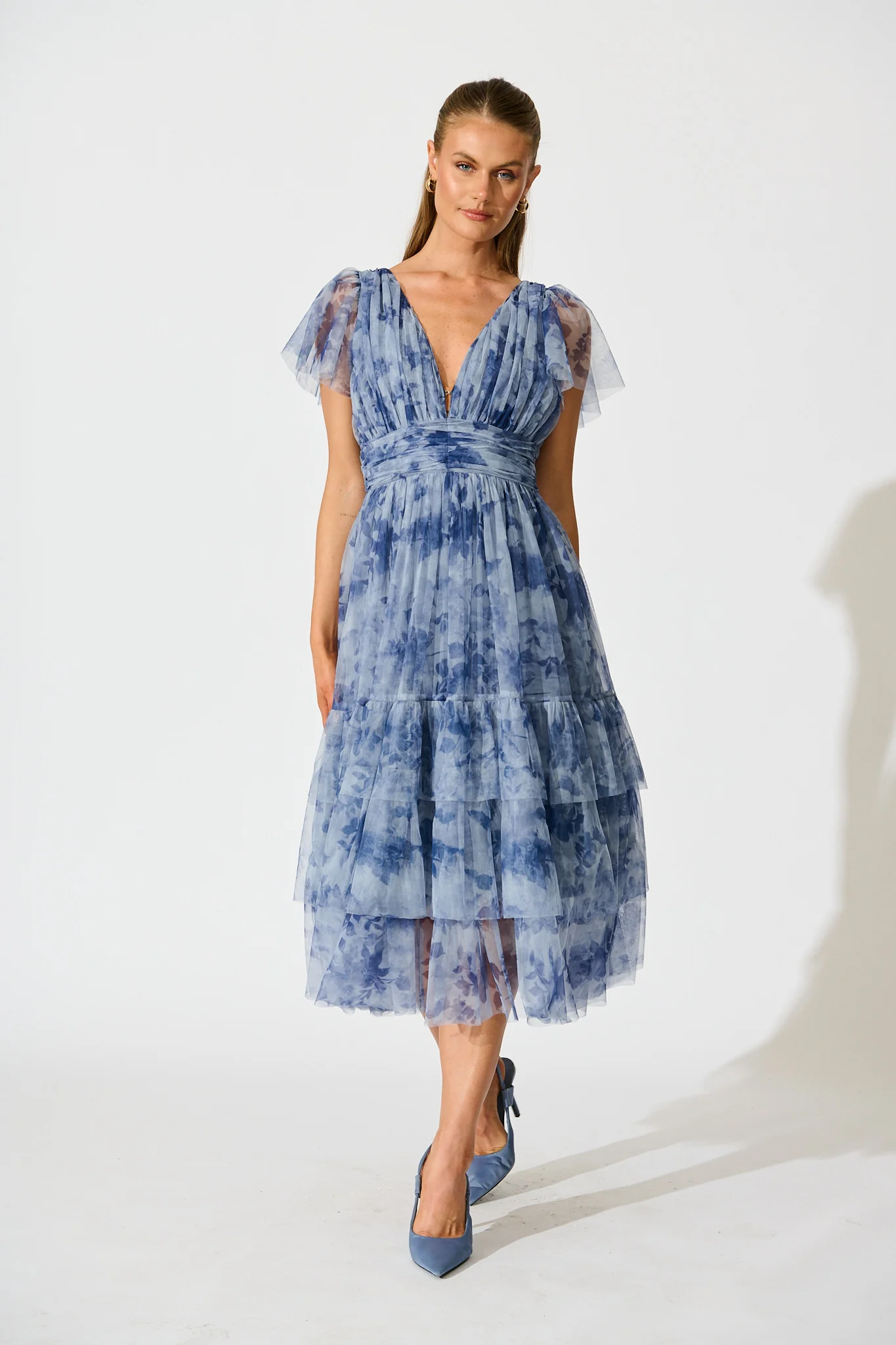 Ethereal Sky Midi Dress in Blue with Navy Floral Tulle - Image 4