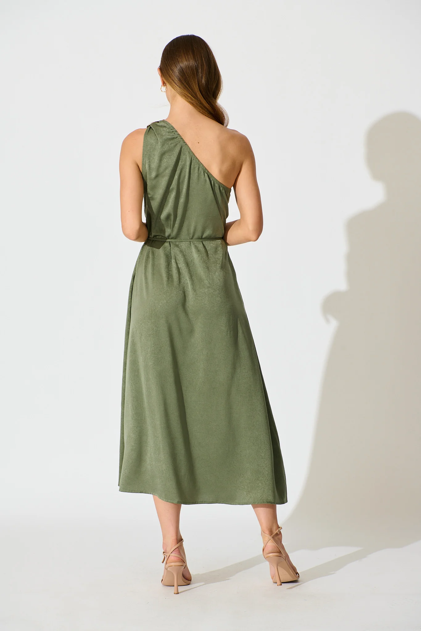 Evanna One Shoulder Maxi Dress in Sage Satin - Image 5