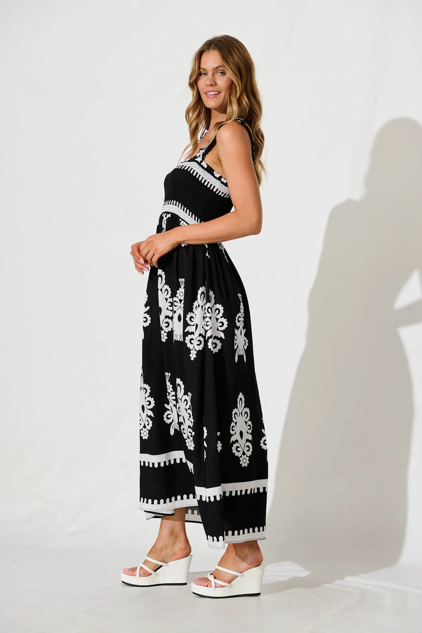 Evanston Maxi Dress In Black With White Print - Image 3