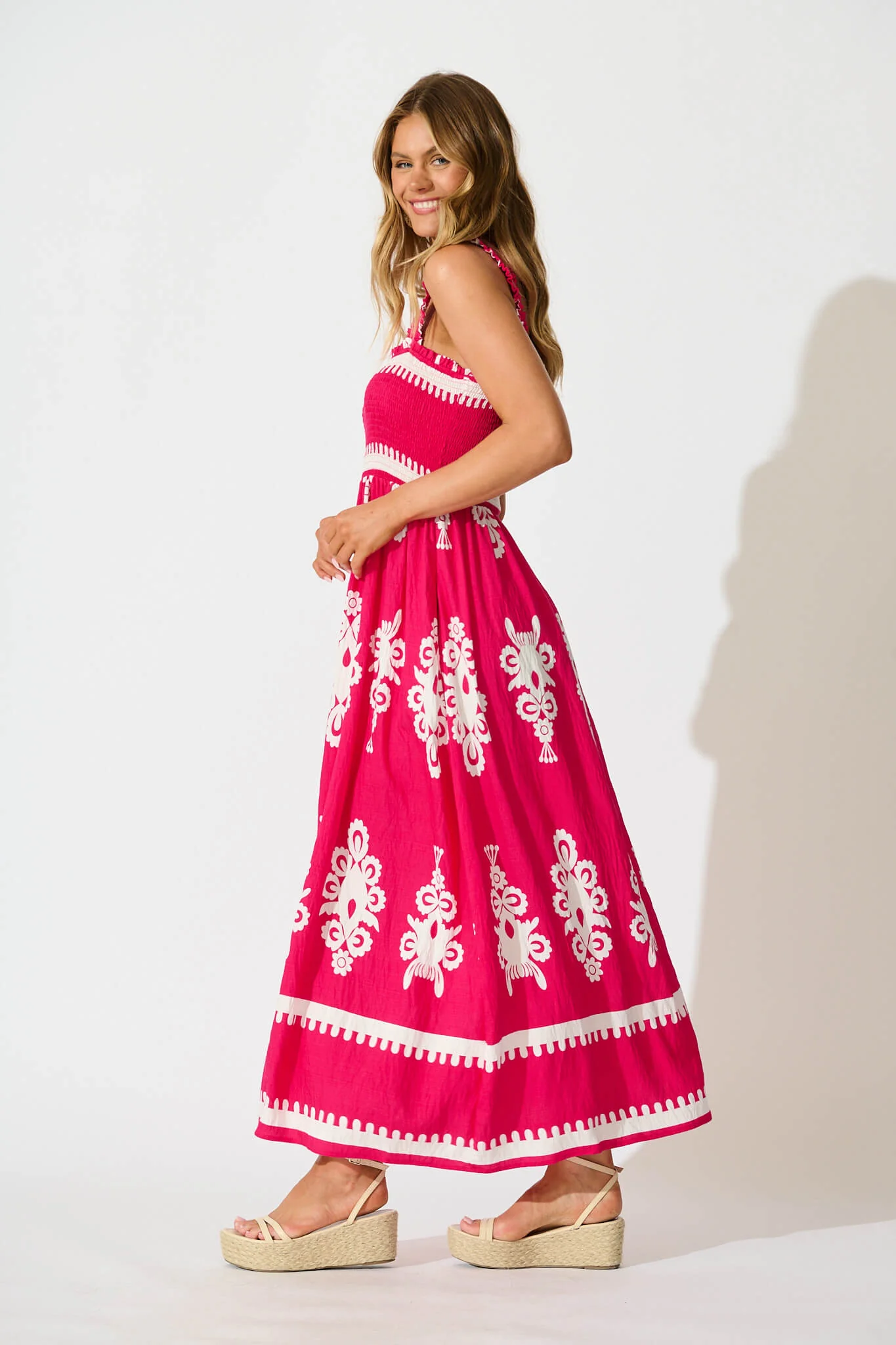 Evanston Maxi Dress in Hot Pink with White Print - Image 4