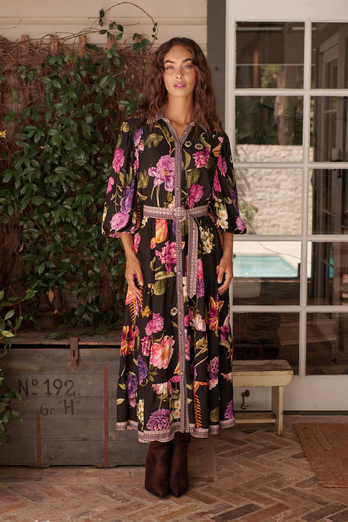 Evening Serenade Maxi Dress in Black with Multi Floral