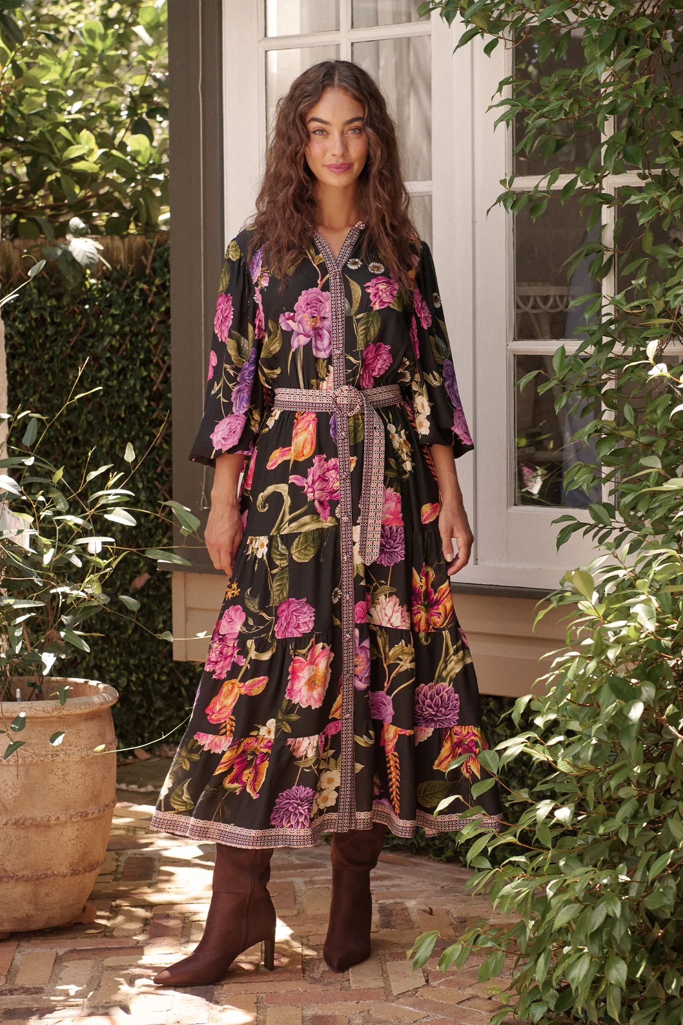 Evening Serenade Maxi Dress in Black with Multi Floral - Image 4