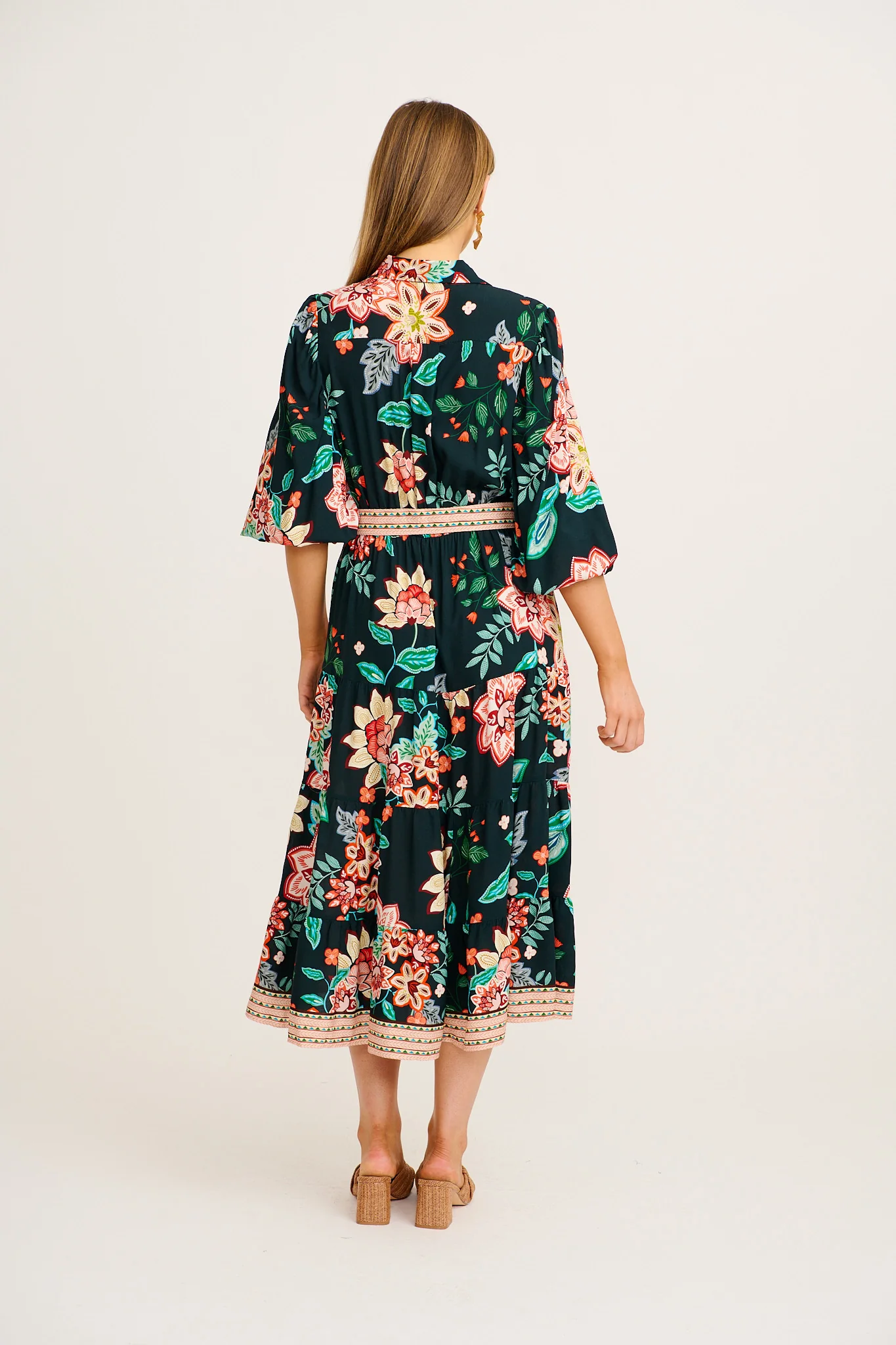 Evening Serenade Midi Shirt Dress in Emerald with Multi Floral - Image 4