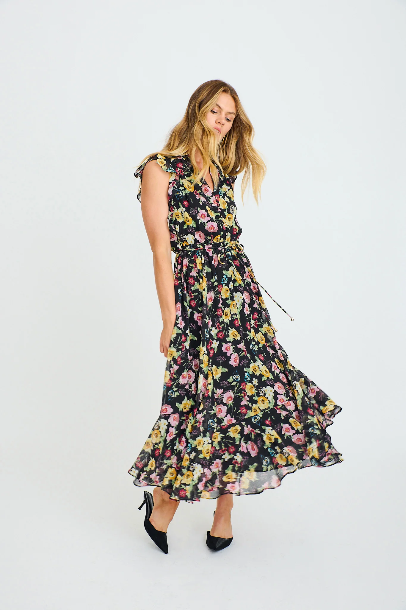 Executive Ease Maxi Dress in Black with Multi Floral Chiffon