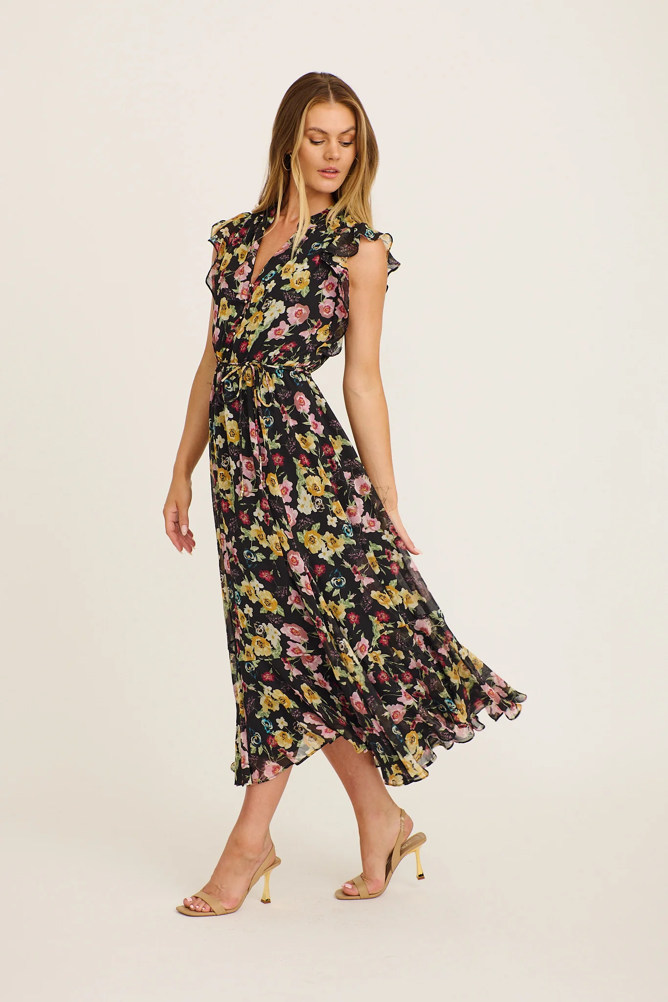 Executive Ease Maxi Dress in Black with Multi Floral Chiffon - Image 7