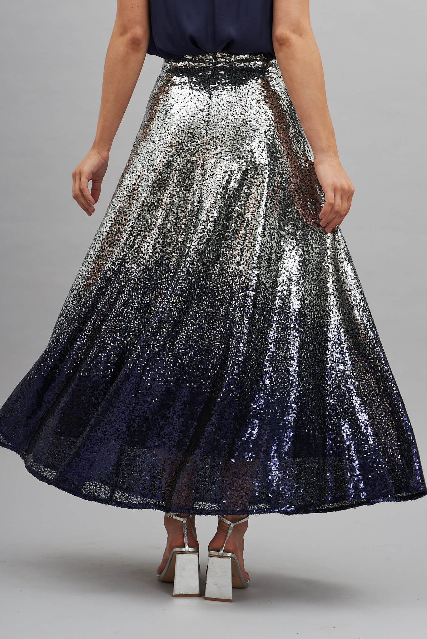 Exquisite Maxi Skirt In Silver With Navy Ombre Sequin - Image 3