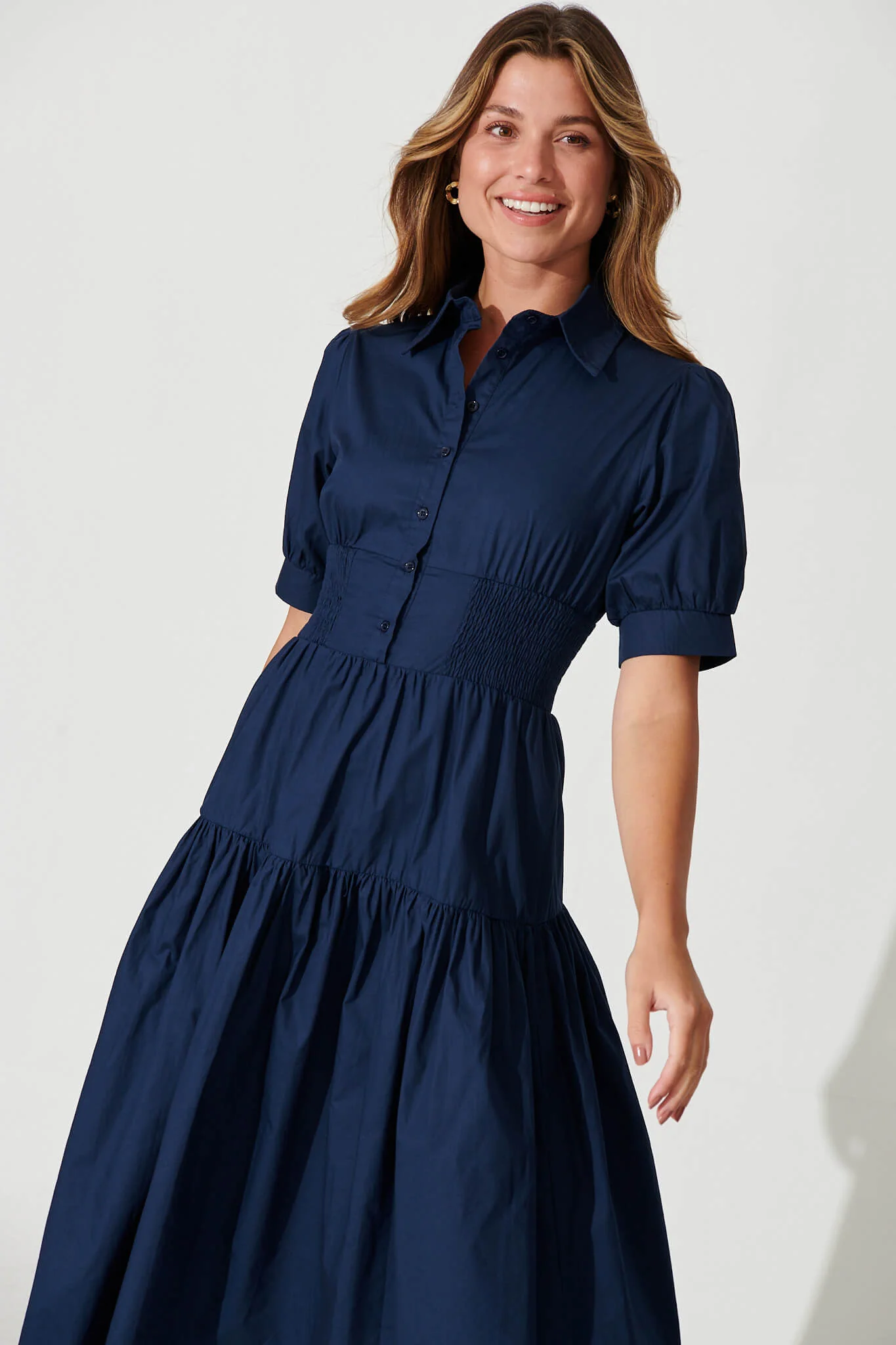 Fairfax Midi Shirt Dress In Navy Cotton - Image 2