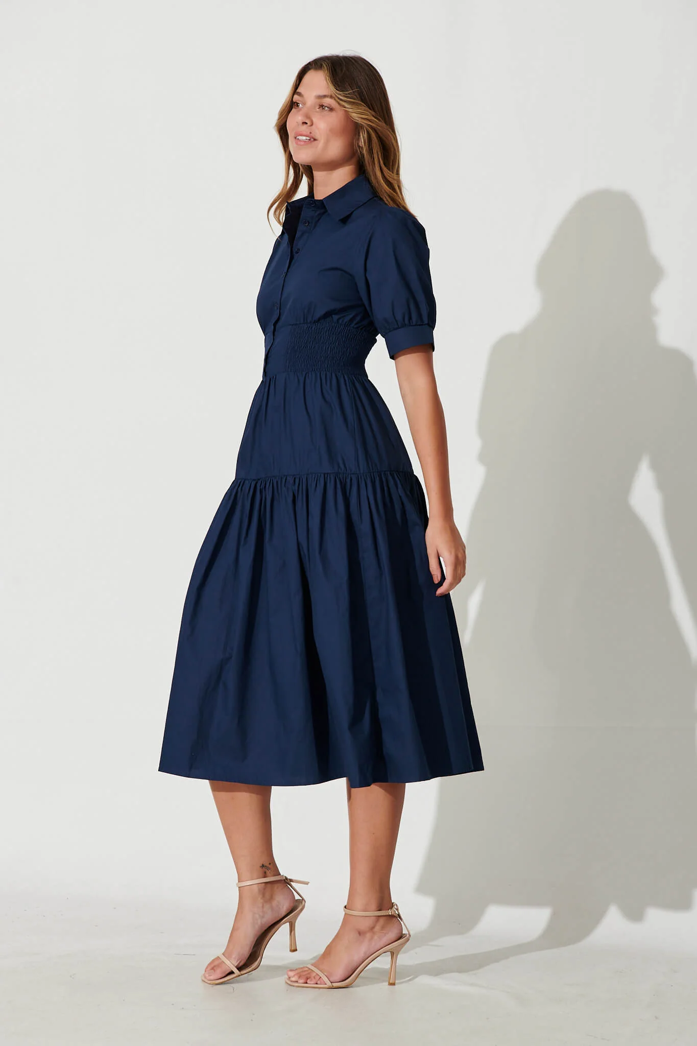 Fairfax Midi Shirt Dress In Navy Cotton - Image 3