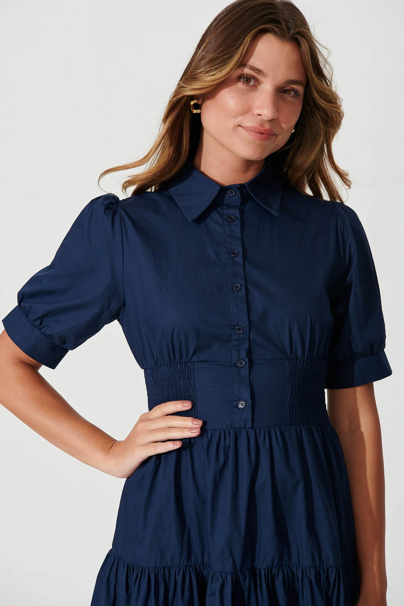 Fairfax Midi Shirt Dress In Navy Cotton - Image 5